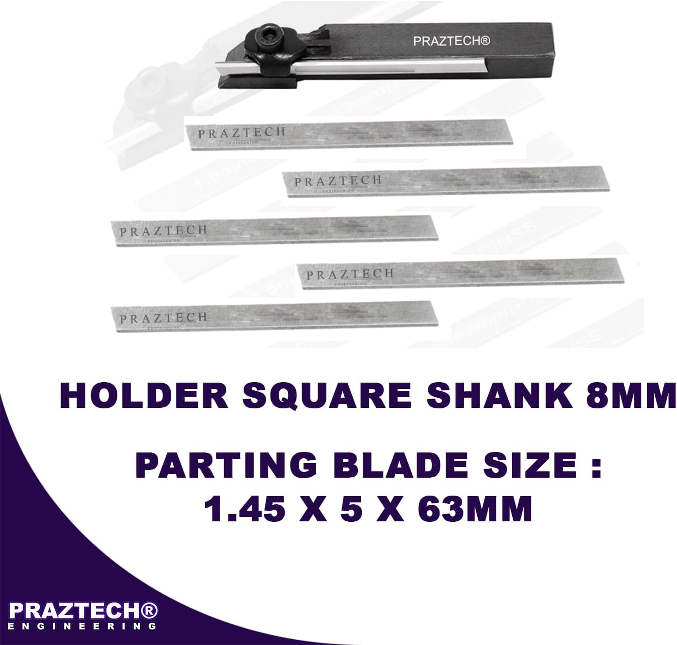 PRAZTECH&reg; Mini Lathe Cut off 8Mm Holder Square Parting Tool + 6 HSS Blade + Key | Factory | Premium Quality Power & Hand Tool | Lathe Parts & Accessories | Tools for Industrial & Mechanical Use | DIY image number 2