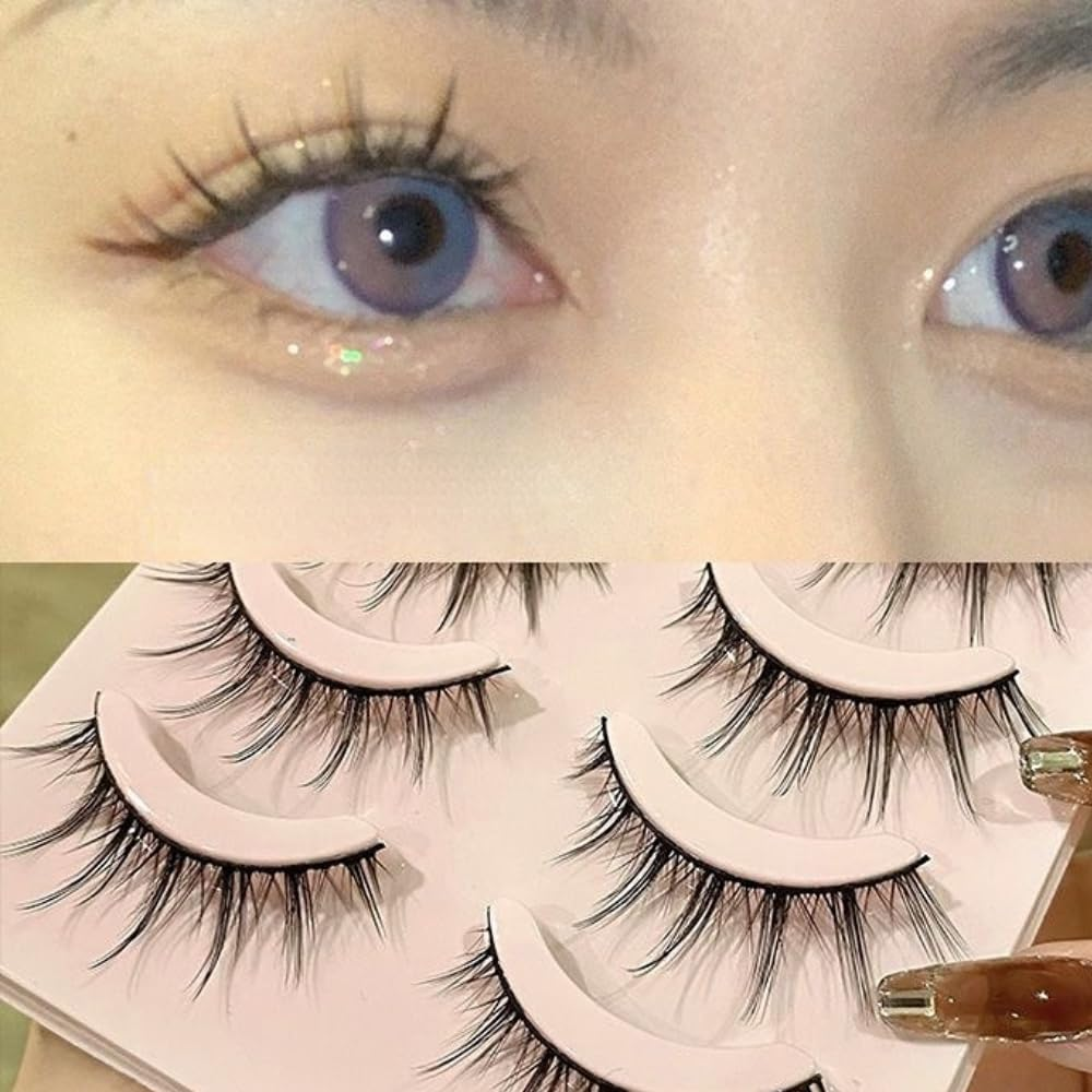Poemtian 5Pairs False Eyelashes Japanese Style Thick Eyelash Extension Little Devil Cosplay Makeup Eyelashes Manga Lashes Natural Look Reusable Daily Eye Makeup Tool