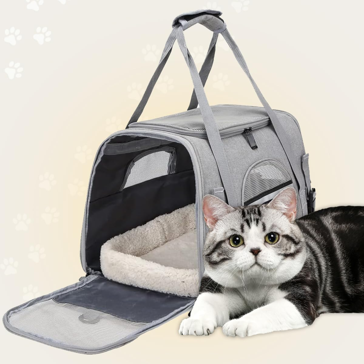 APKOL Cat Transport Box, Foldable Cat Transport Box with Shoulder Strap, Cat Transport Bag, Dog Transport Boxes, Cat Basket, Cat Carry Bag for Cats, Small Dogs, Puppies (Grey, Medium) image number 4