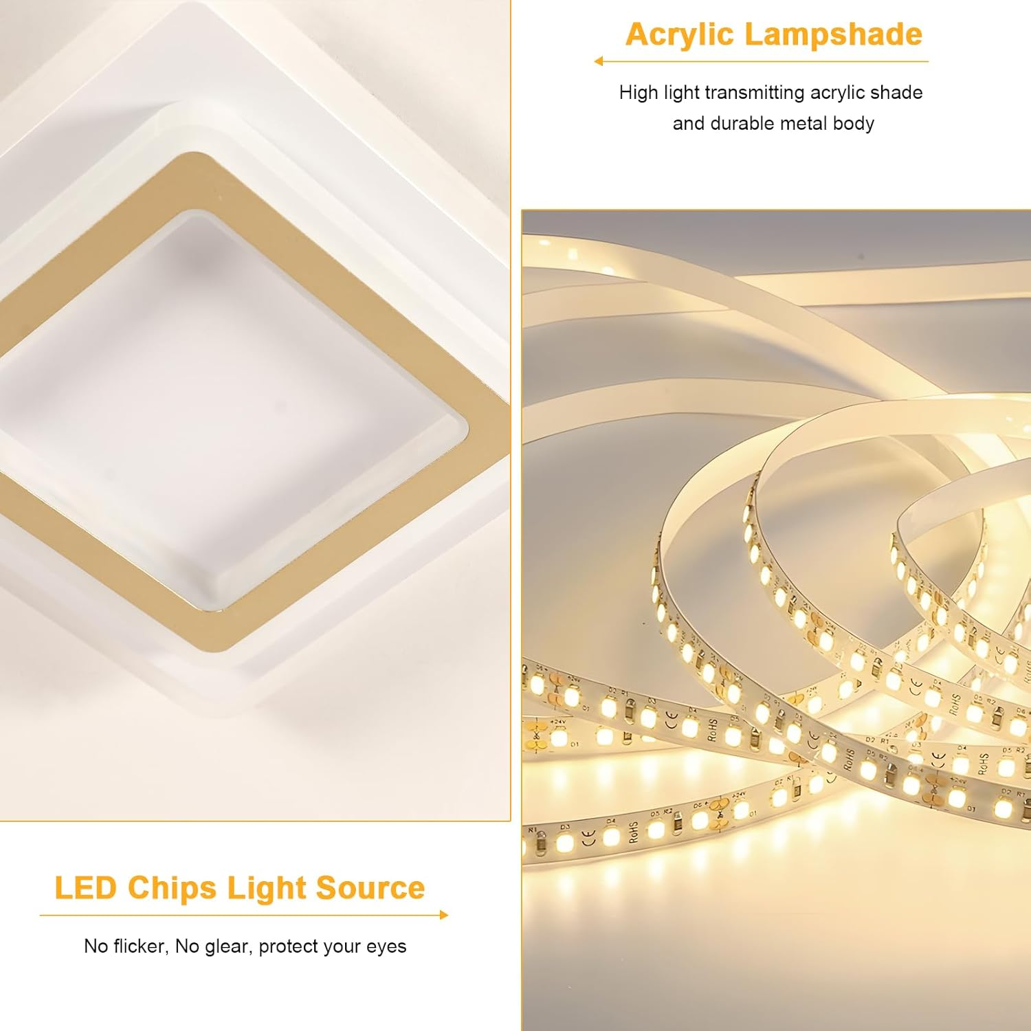 Modern Ceiling Lamp, 44W LED Ceiling Light Square Ceiling Light, Gold Acrylic Ceiling Light for Bedroom, Living Room, Dining Room, Hallway, Warm Light 3000K, Day 30 Cm image number 3