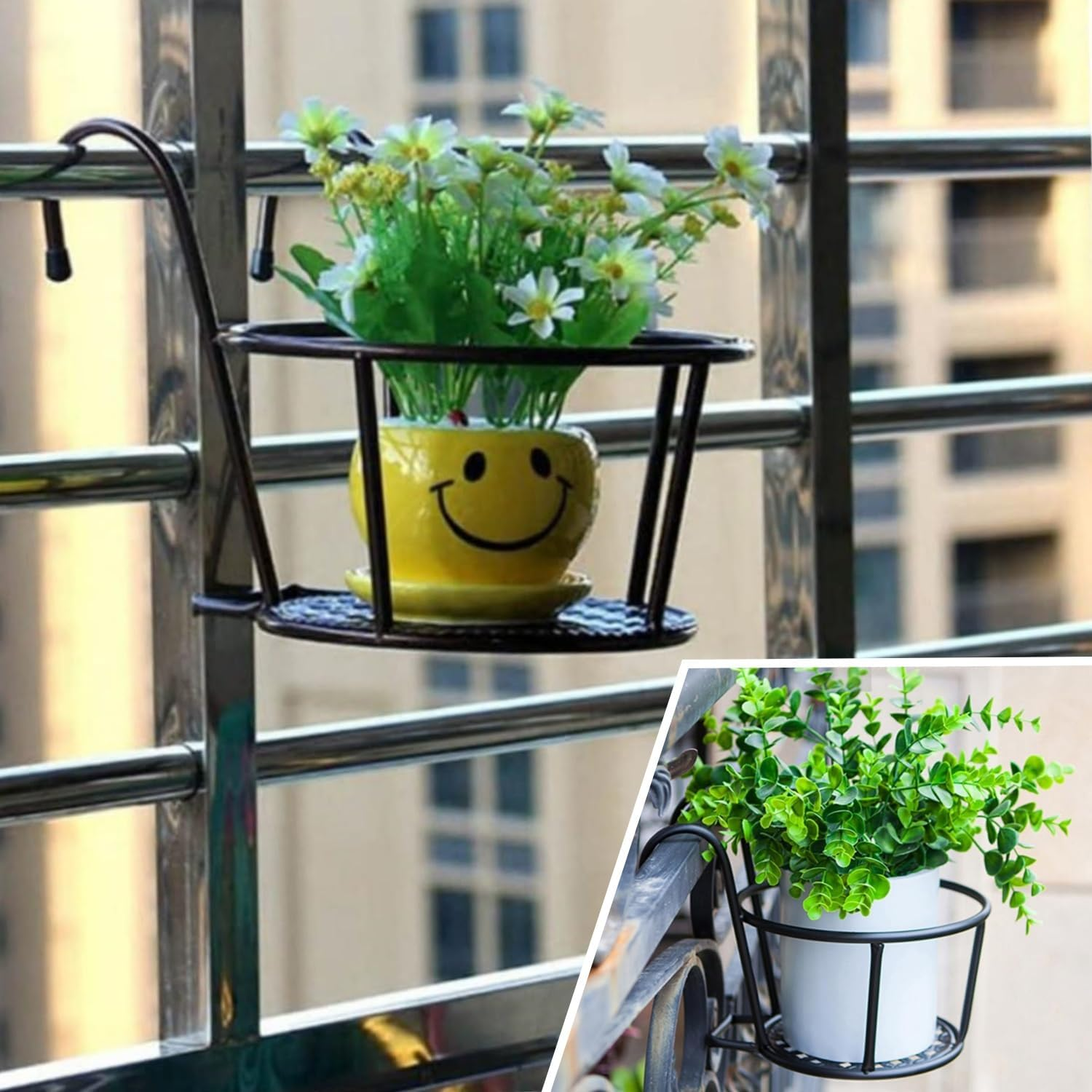 Taicols 4 Pcs Iron Metal Railing Flower Pot, Balcony Iron Plant Stand Railing Hanging Planter Holder for Fence Planters & Hanging Plants,Durable Steel Structure & Decorative Design, Indoor & Outdoor
