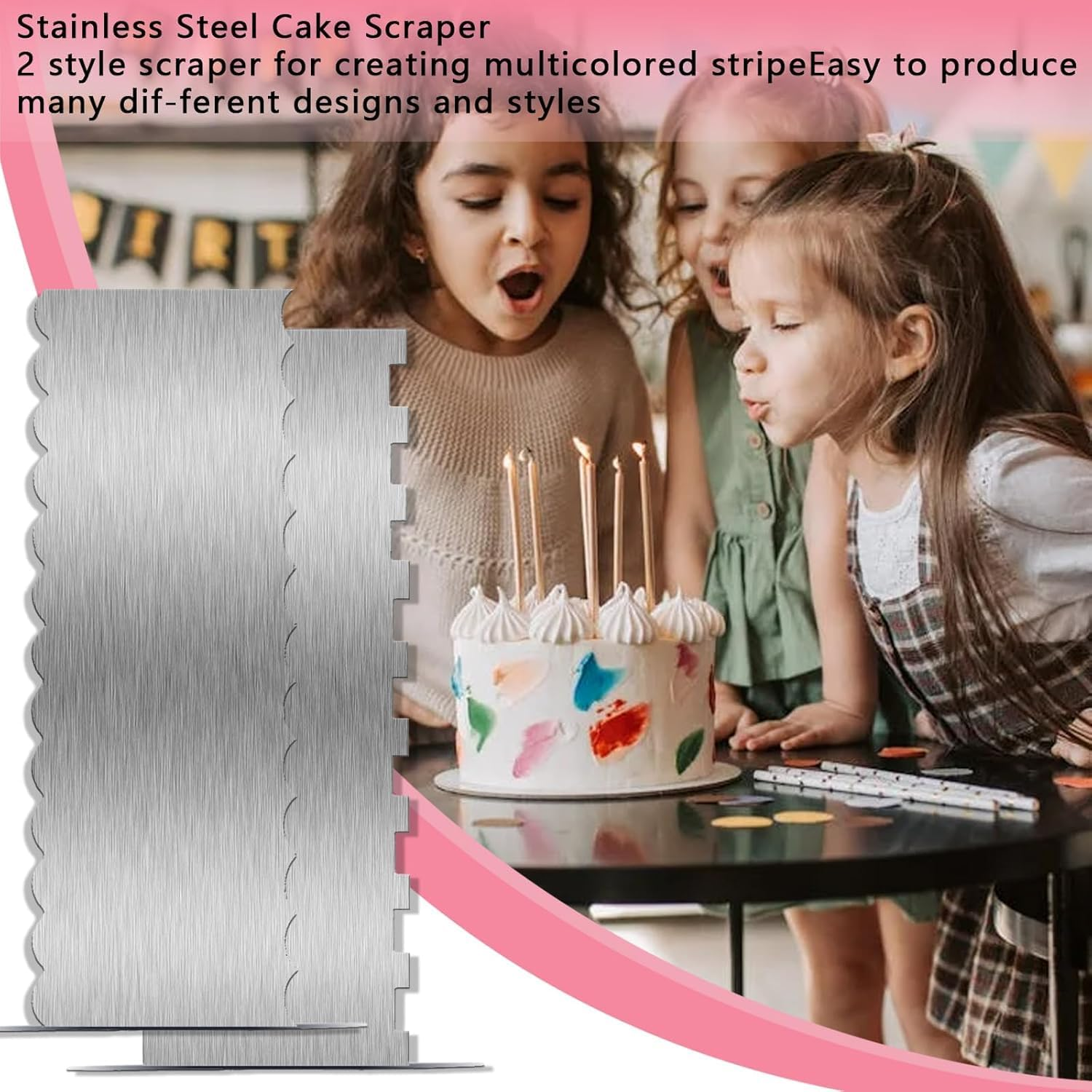 2 Pieces Stainless Steel Cake Scraper with Double-Sided Patterned Edge and Stripe Design ， Perfect Smoother and Decorating Comb for Mousse, Buttercream, and Cream Cake Decoration (Silver) image number 1