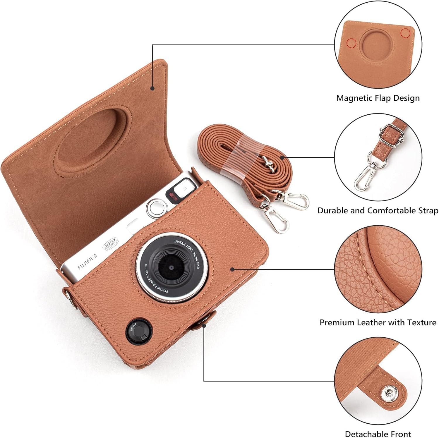JOWILIN Case for Fuji Instax Mini EVO, Vintage Camera Case with Adjustable and Detachable Shoulder Strap, Mini Lychee Texture Leather Bag with Magnetic Flip Cover for Fujifilm Instax EVO (Brown) image number 5