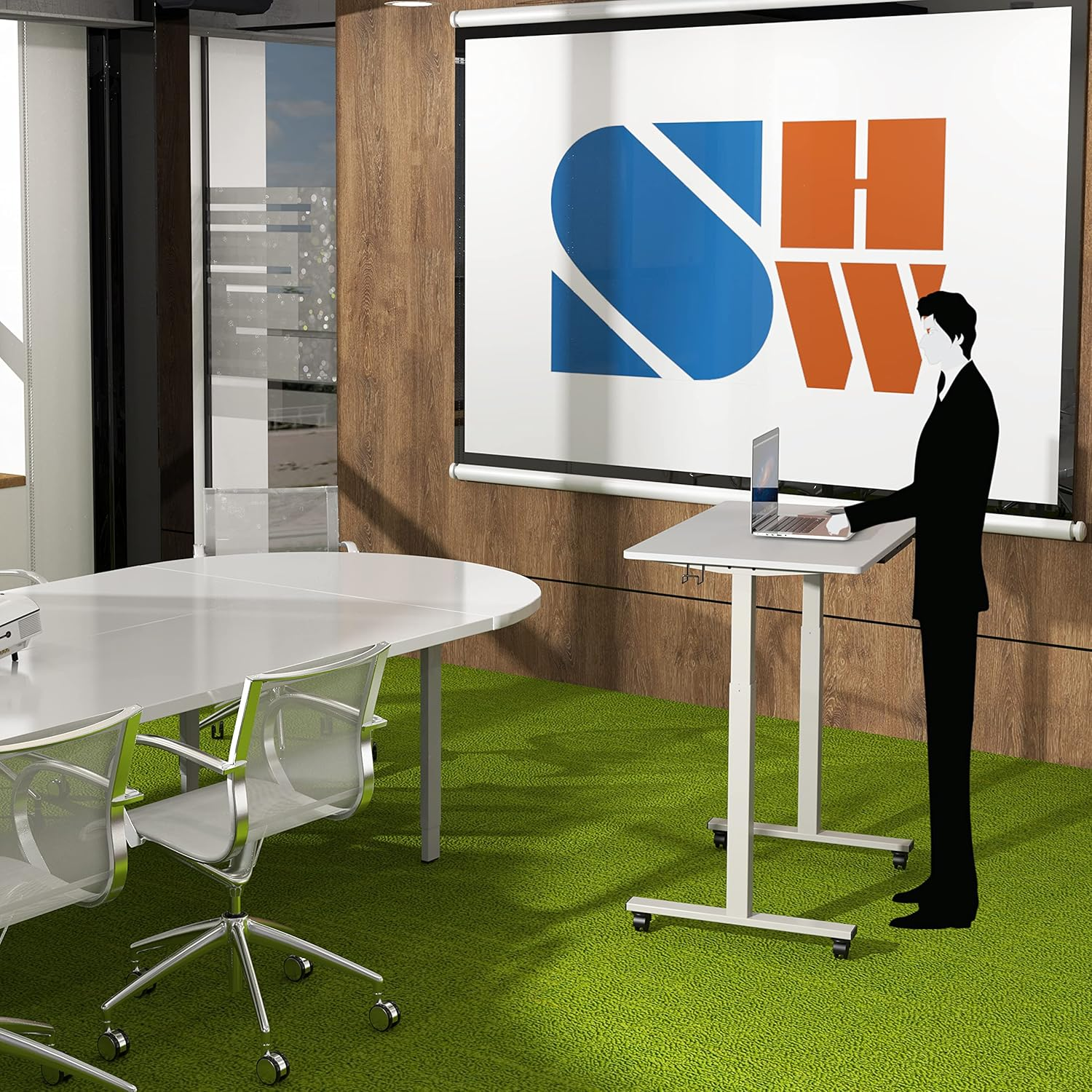 SHW 100 X 60 Cm Mobile Electric Standing Desk, Height Adjustable with Drawer, Hanging Hooks and Cable Management, White - White image number 5