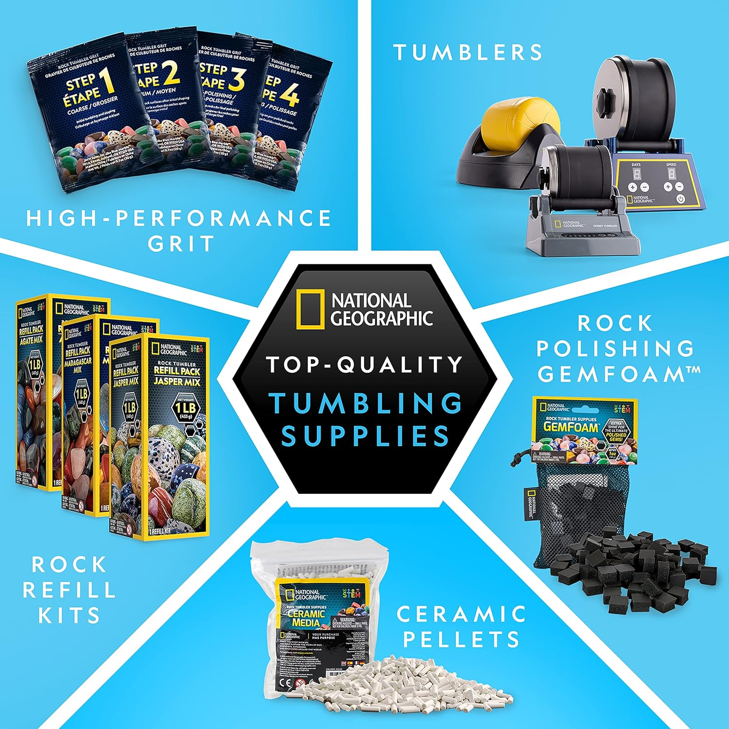 National Geographic Rock Tumbler Refill Kit - 453G Gemstone Mix with 9 Varieties Including Tiger'S Eye, Amethyst and Quartz - Rock Polisher Supplies Including Grit, Jewellery Settings & Instructions image number 1