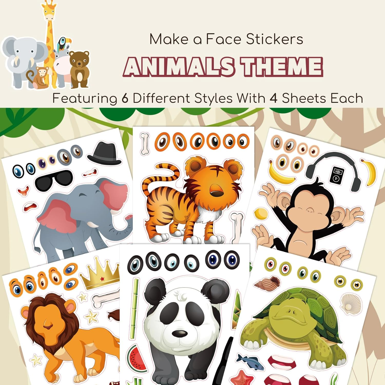 Make a Face Stickers for Kids 24Sheets Make Your Own DIY Sticker Fantasy Animal Face Stickers with 6 Design Party Favors Travel Activities for Birthday Party Games image number 2