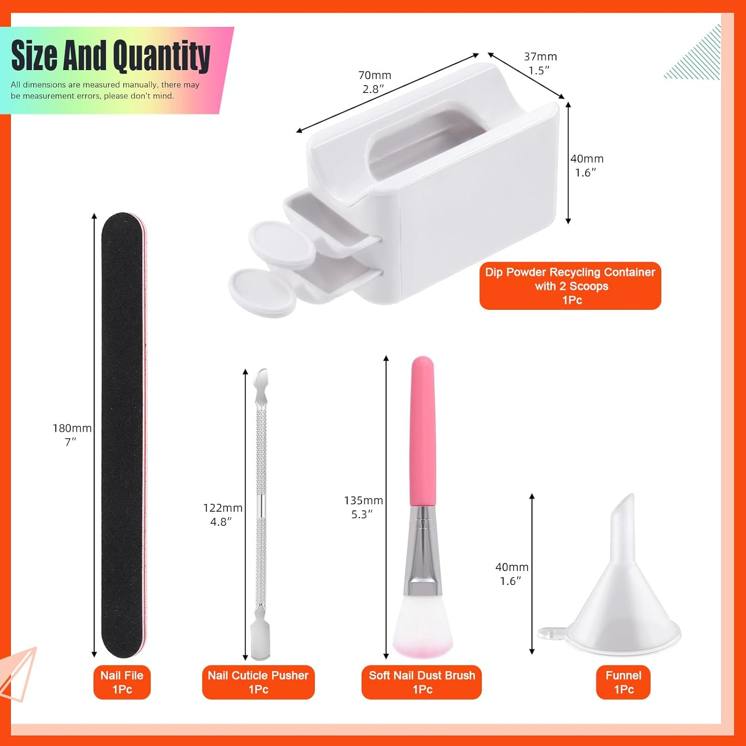 Tanstic 7Pcs Portable Dip Powder Nail Kit, Including Dip Powder Recycling Tray System Nail Dip Container with Scoop, Double-Ended Cuticle Pusher, Nail File, Nail Dust Brush, Funnel for Nail Art Nail Care image number 2