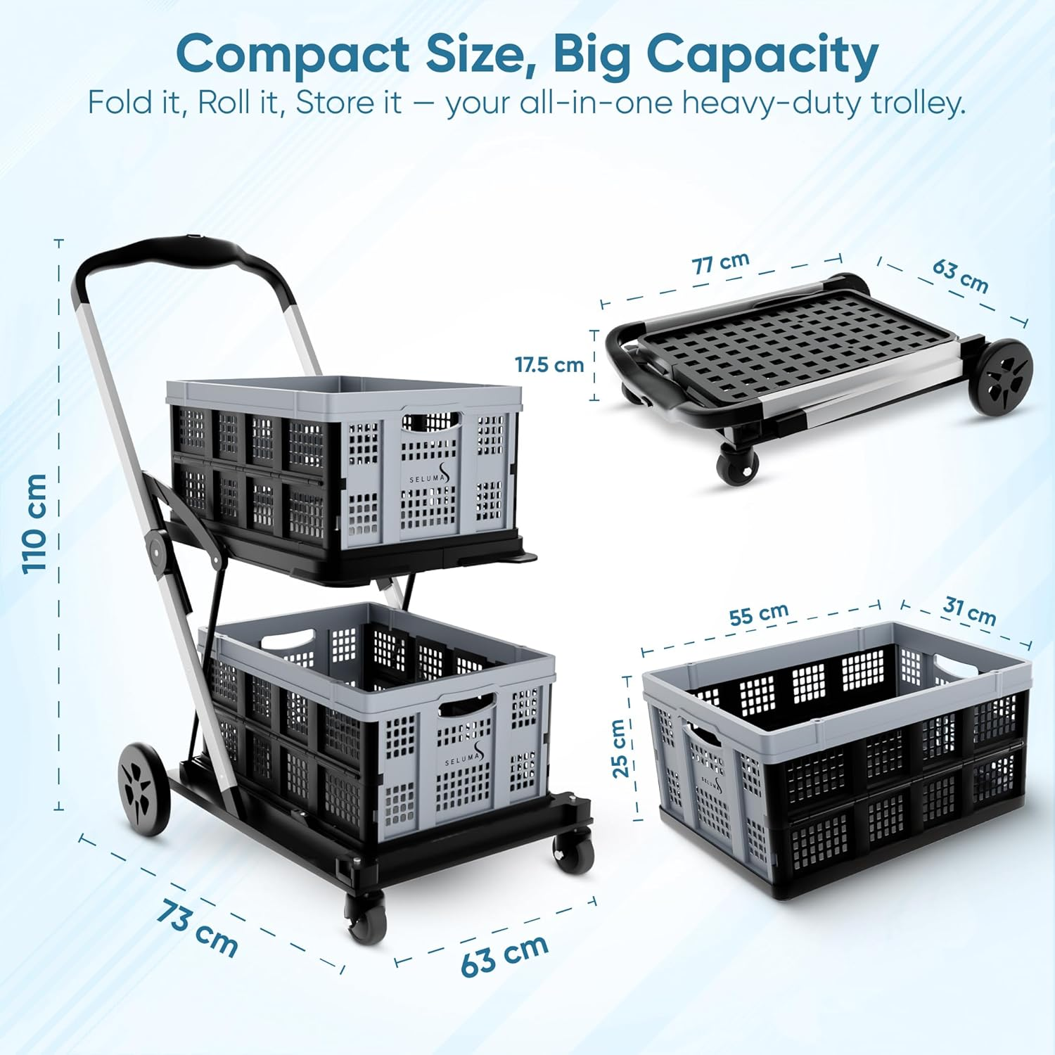 SELUMA Folding Trolley - Grocery Cart, Shopping Trolley with Wheels, Heavy Duty - Outdoor/Office Collapsible Push Trolly. image number 4