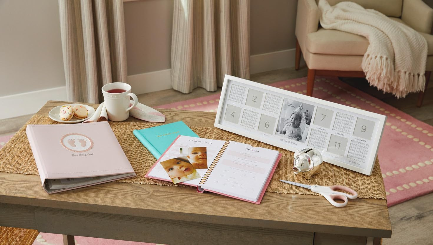 Hallmark &lsquo;My First Year&rsquo; Baby Book Album/Baby Photo Album - My First Year Baby Memory Album - Soft Pink Fabric Cover with Gold Foil Design image number 1