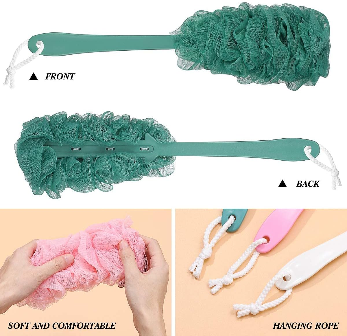 3 Pcs Shower Ball Mesh Pouf, Back Scrubber Loofah with Long Handle Bath Brush Soft Body Sponge for Adults Teens Kids image number 2