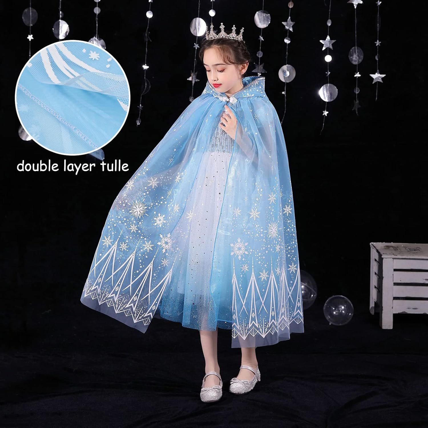 PHOGARY Princess Cape Blue Princess Cloak Snowflake Hooded Cape, Princess Fancy Dress Halloween Costume 2 Layered Tulle Carnival Birthday Party Cosplay Princess Dress up for Girls image number 4