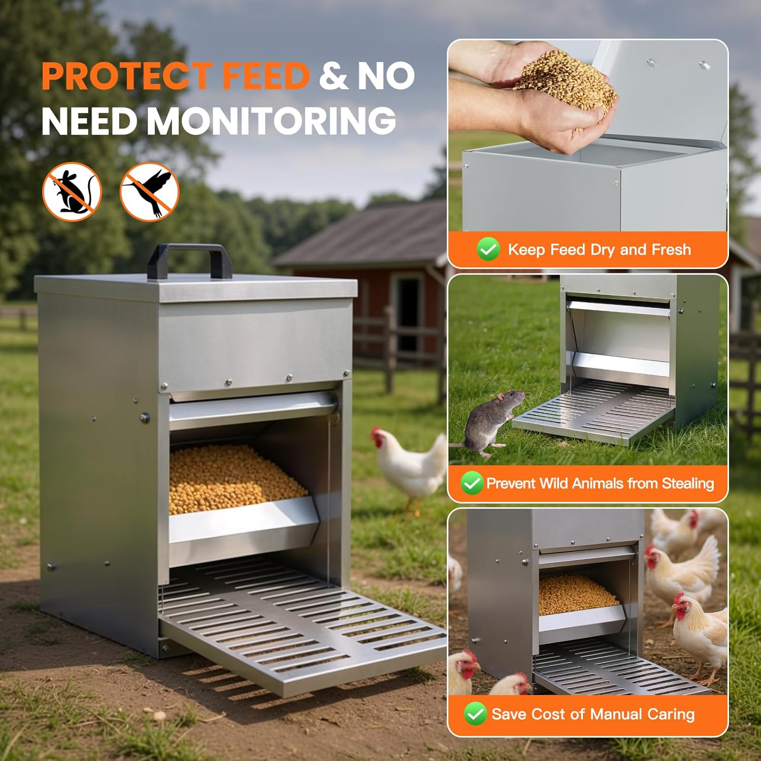 Advwin Automatic Chicken Feeder, 22Kg Capacity, Galvanized Metal Poultry Feeder with Lid & Lock, Weatherproof Outdoor Coop Food Dispenser Suitable for Geese and Ducks image number 2