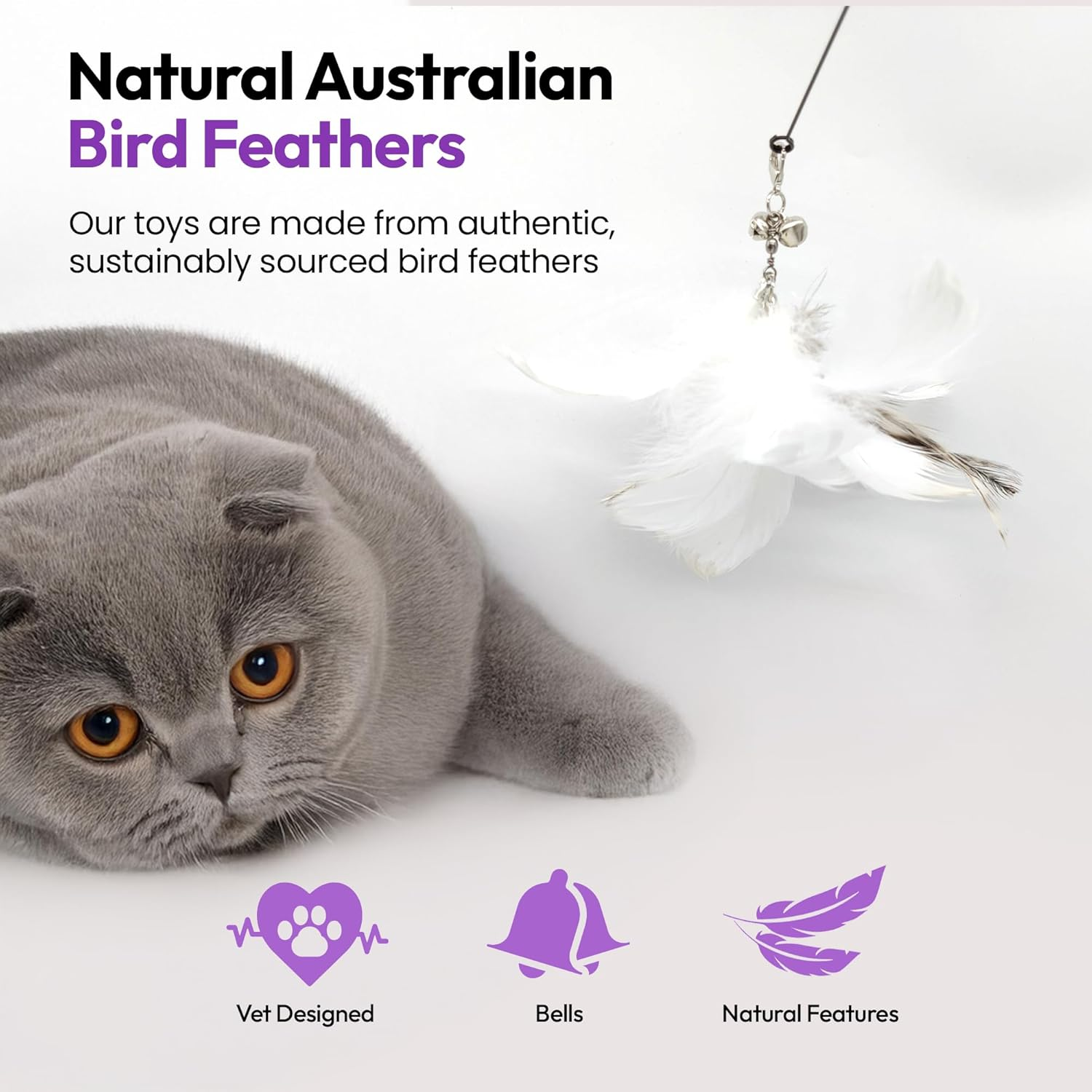 PURRZ Feather Toy Attachments for Cats, 5-Pack &ndash; Jingle Jangle Wand Refills with Kookaburra-Coloured Feathers and Bells for Interactive Cat Play &ndash; Safe and Durable Indoor Cat Toys image number 5