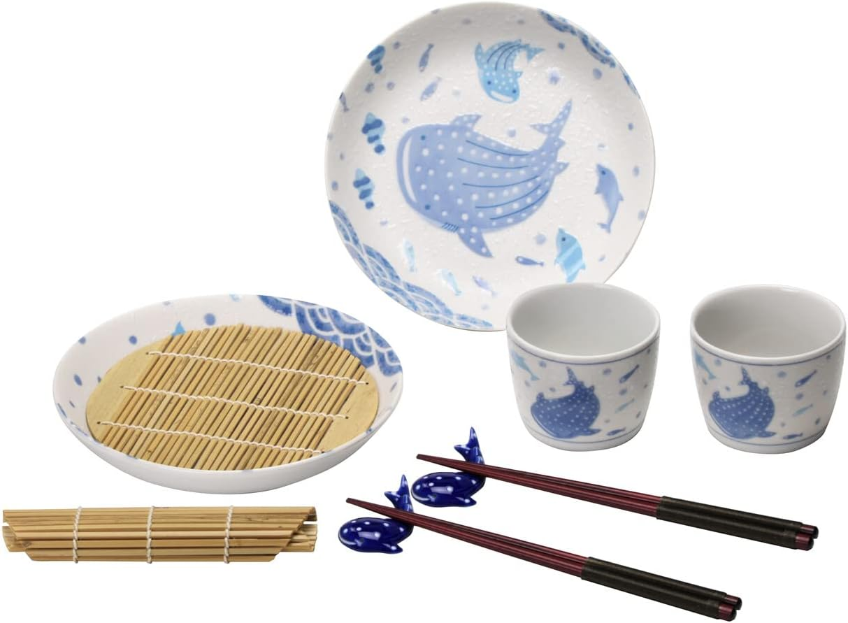 Kanese JG-015 Namama Jinbei Zaru Soba Set (6.0 Noodle Plate X 2, Soba Chiyokuchi X 2, Chopsticks Rest X 2, Bamboo Soup Soup X 2) image number 1