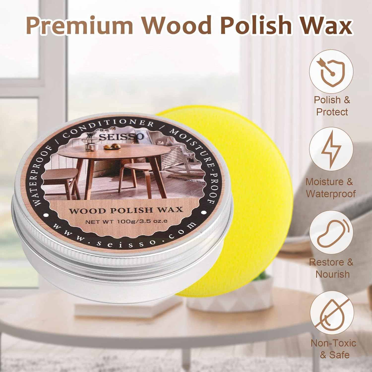 SEISSO Wood Polish Wax, Paste Wax for Wood Furniture, Conditioner, Cleaner, Restorer, Furniture Polish for Wooden Floors, Cabinets, Tables, Doors image number 2