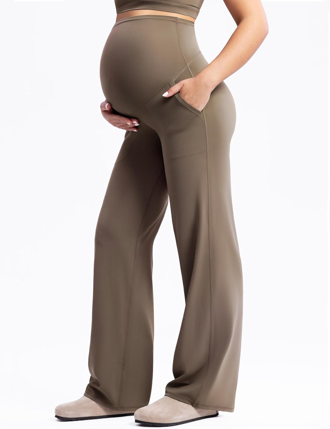 POSHDIVAH Women'S Creamluxe Maternity Yoga Wide Leg Pants Petite/Regular/Tall Pregnancy Work Dress Sweatpants with Pockets image number 6