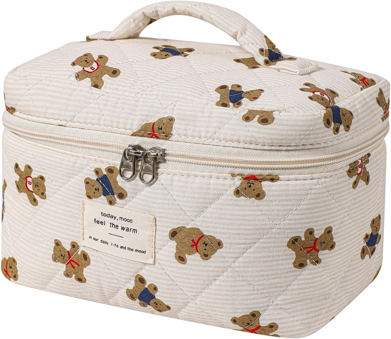 Large Quilted Makeup Bag for Women and Girls, Cute Coquette Floral Cotton Cosmetic Bag, Aesthetic Travel Organized Toiletry Bags, 3Pcs Pink Bows