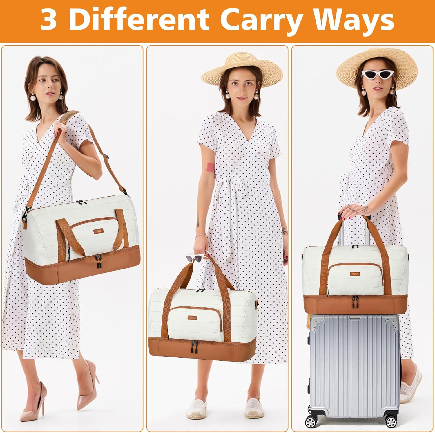 Travel Weekender Bag for Women, Overnight Bag with Shoe Compartment, Oversized Travel Duffel Bag Carry on Tote with Trolley Sleeve 21" for Weekend Travel Business Trip, White Brown, Large image number 5