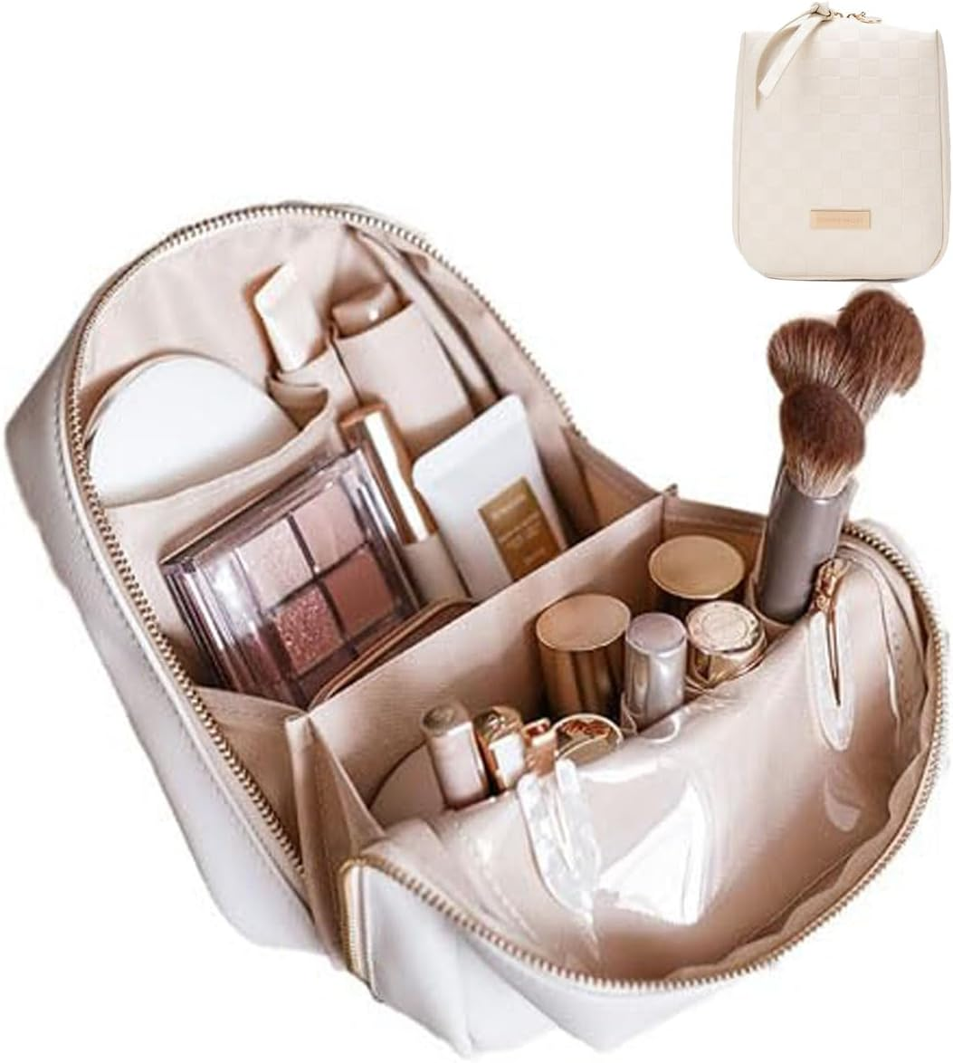 DDPOND Elegant Portable Plaid Cosmetic Bag for Women with Compartments Large Capacity Travel Makeup Bag for Purse (Pink)