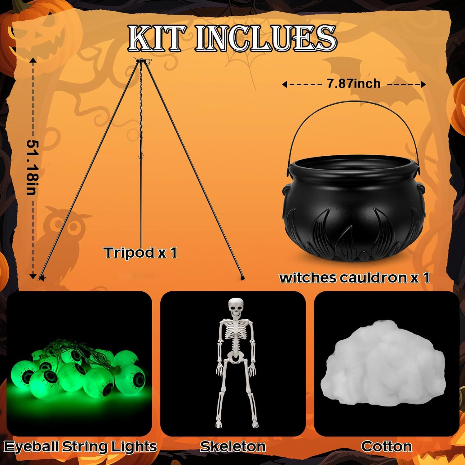 Halloween Decorations Outdoor Witches Cauldron, Large Cauldron on Tripod with String Lights, Skeleton and Eyeballs, Suitable for Halloween Party Indoor Porch Outdoor Lawn Yard Decor image number 3