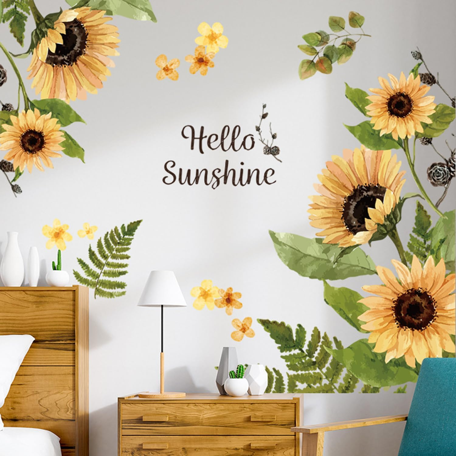 Sunflower Wall Sticker Flower Vines Hanging Wall Decal Green Leaves Floral Wall Art for Living Room Bedroom Home Decoration