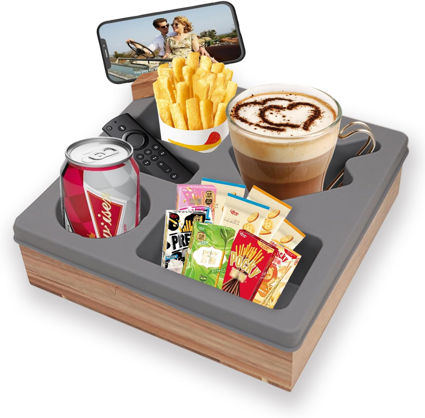 Uandhome Couch Cup Holder Tray,Handy Silicone Bamboo Couch Caddy with Rotatable Phone Holder for Bed Car Seat Organizer, Waterproof Anti-Spill Sofa Cup Holder for Snacks Beverage Remote(White)