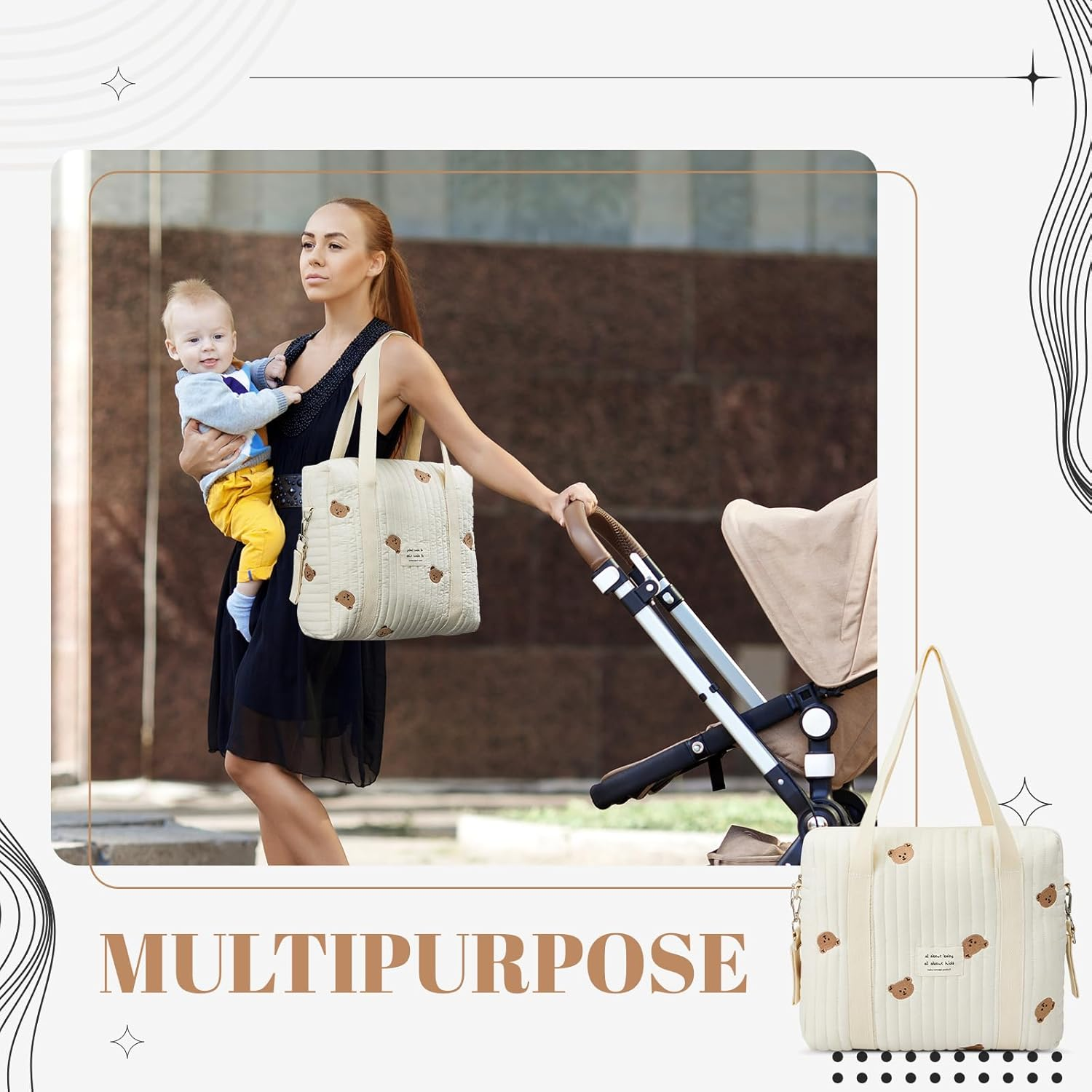 2 Pcs Diaper Bag Tote for Baby Small Multifunction Maternity Bag Quilted Cotton Cute Stroller Storage Bag Travel image number 1