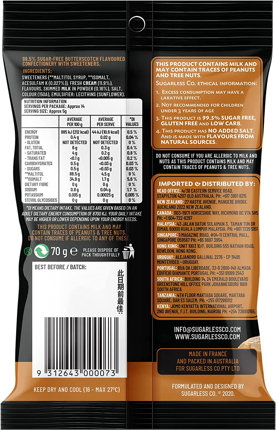 Sugarless Confectionery Aura Hard-Boiled Candy Butterscotch Flavour 70 G image number 3