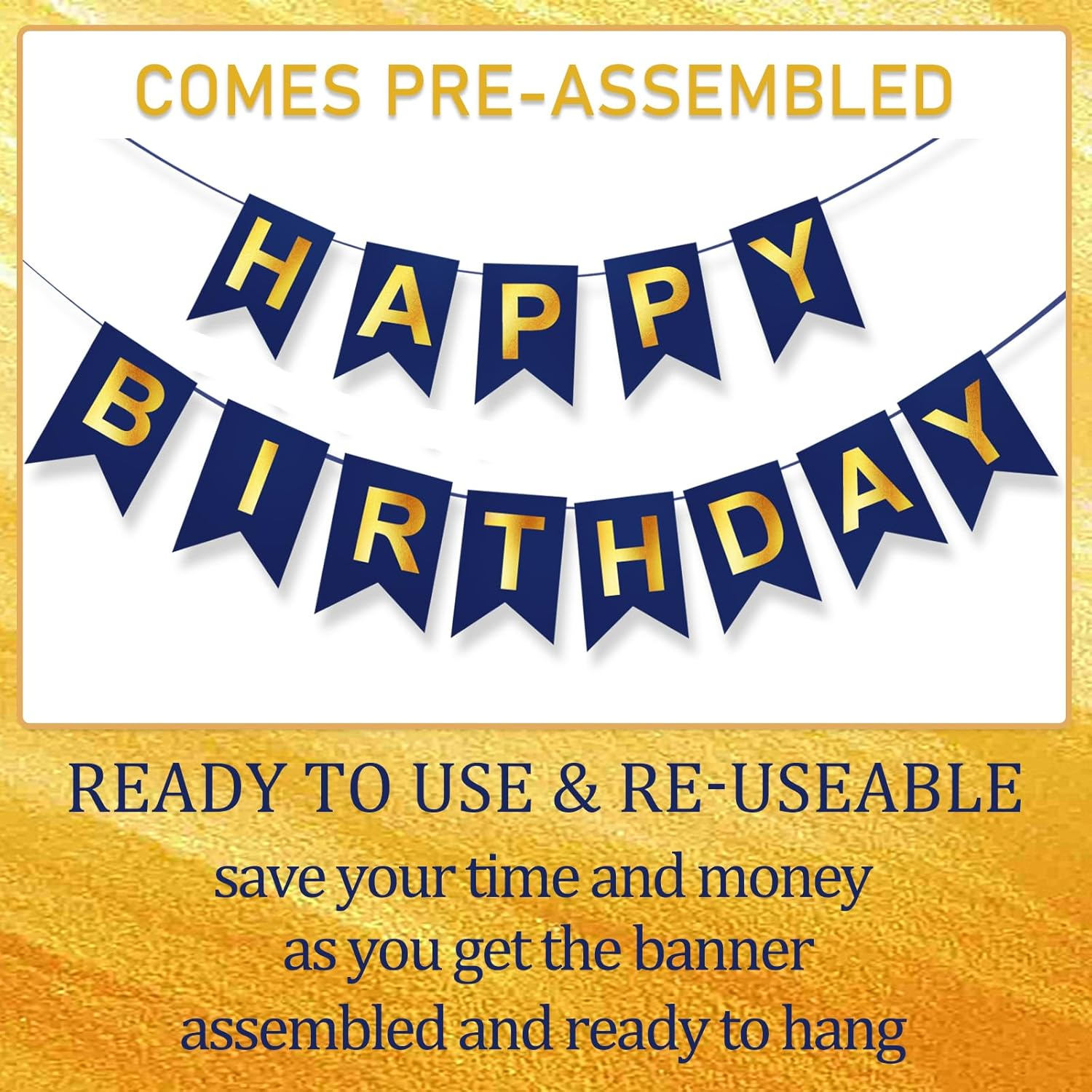 Blue Happy Birthday Banner,Navy Blue and Gold Birthday Party Decorations Sigh for Birthday Decor,Backdrop Birthday Party Supplies,No DIY for Girls Boys Kids and Women Party Hanging(Pre-Strung,16Ft) - Gold image number 4