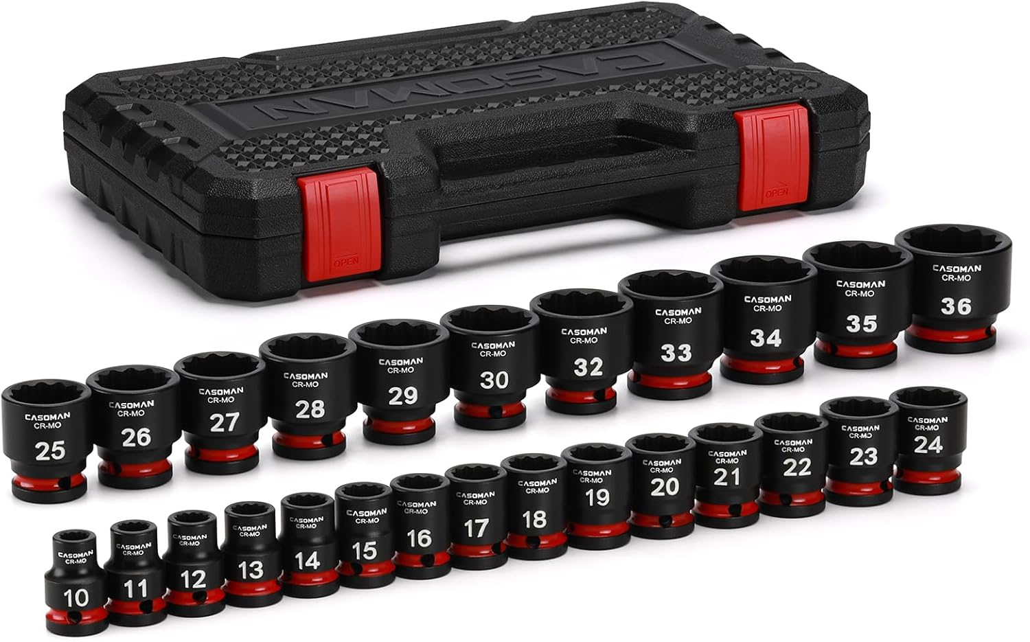 CASOMAN 26-Piece 1/2" Drive Standard Impact Socket Set, 12-Point, Metric, 10Mm - 36Mm, CR-MO Steel, with Storage Case