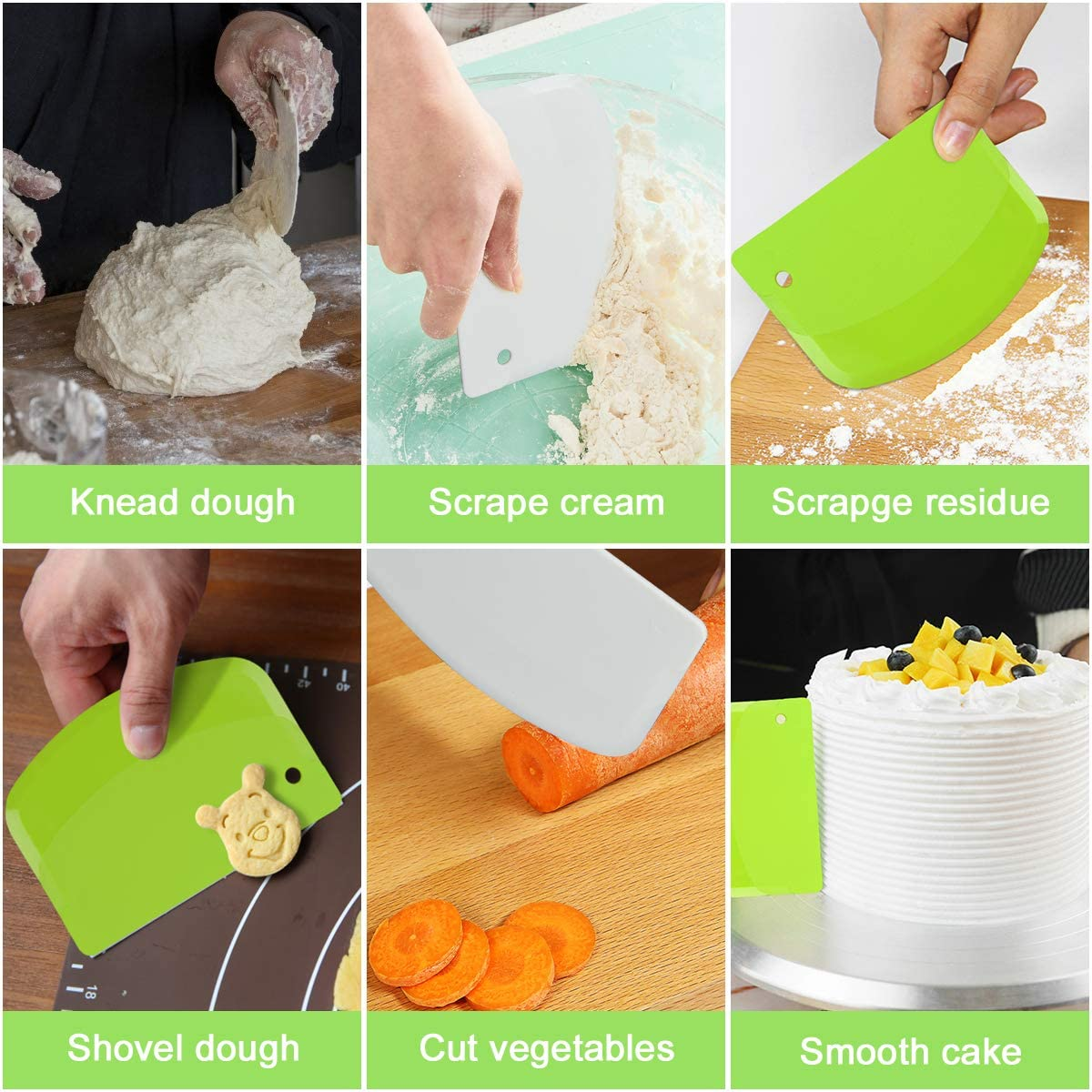 Vicloon 3 Pcs Dough Scraper Cutter, Stainless Steel Dough Scraper with Handle and Measuring Scale, Pastry Cutter Plastic Scraper Smoother Tool Set for Bread Pizza Cake Dough Baking Shaping