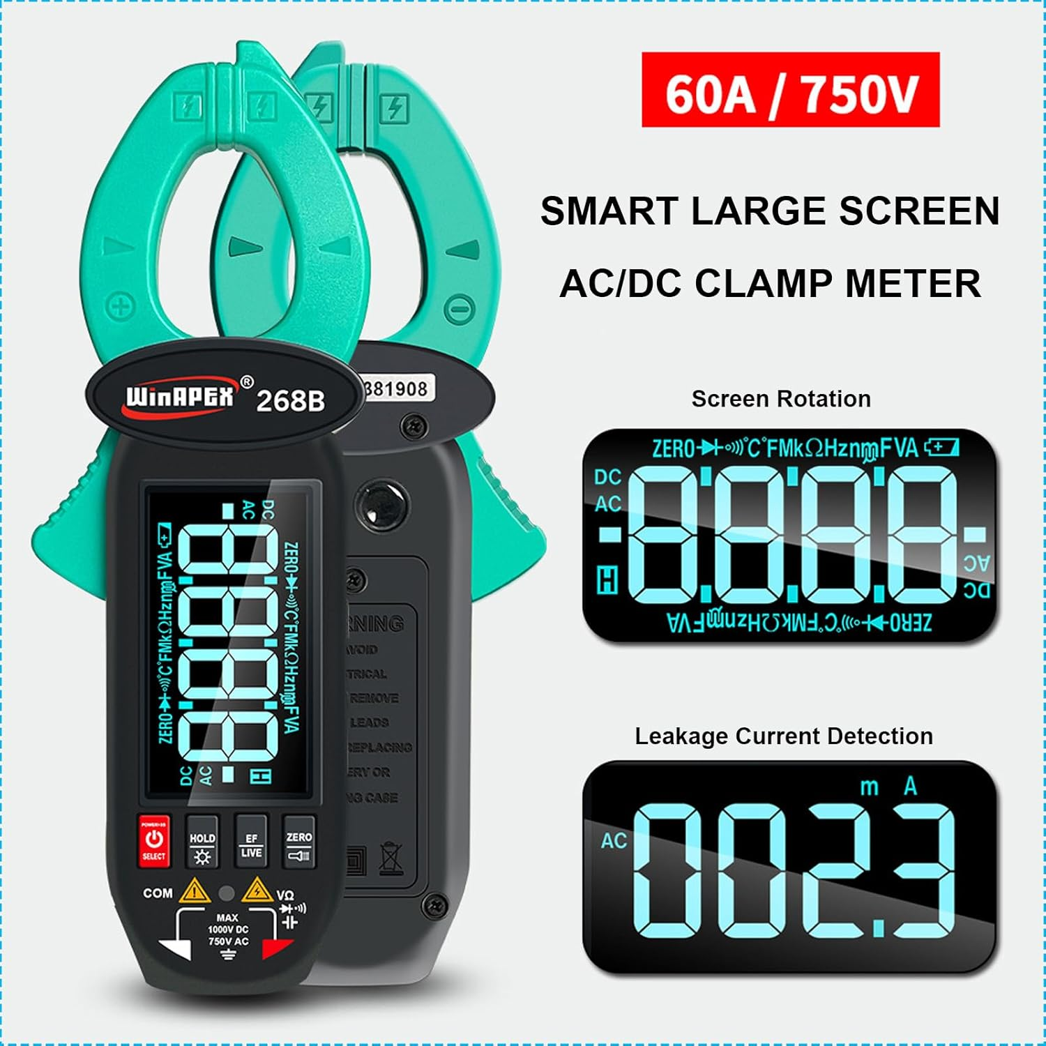 Digital Clamp Meter Multimeter: 6000 Counts Amp Voltage Tester Auto-Ranging with AC/DC Voltage, Capacitance, Resistance, Ohm, Continuity, Diode, Hz, Temp Test image number 1