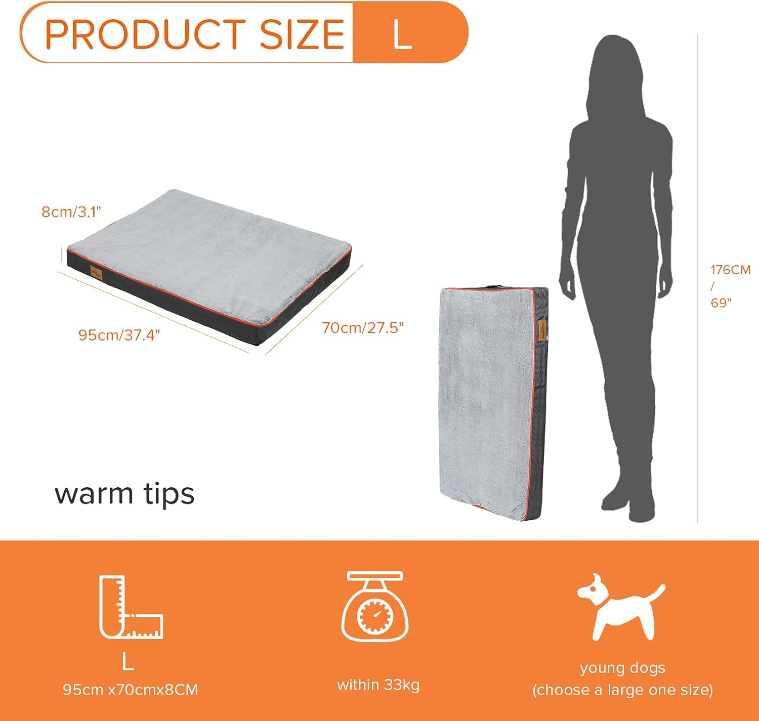 Bingopaw Memory Foam Dog Bed, Large Grey Orthopaedic Dog Bed with Orange Trim Washable and Water Resistant L image number 6