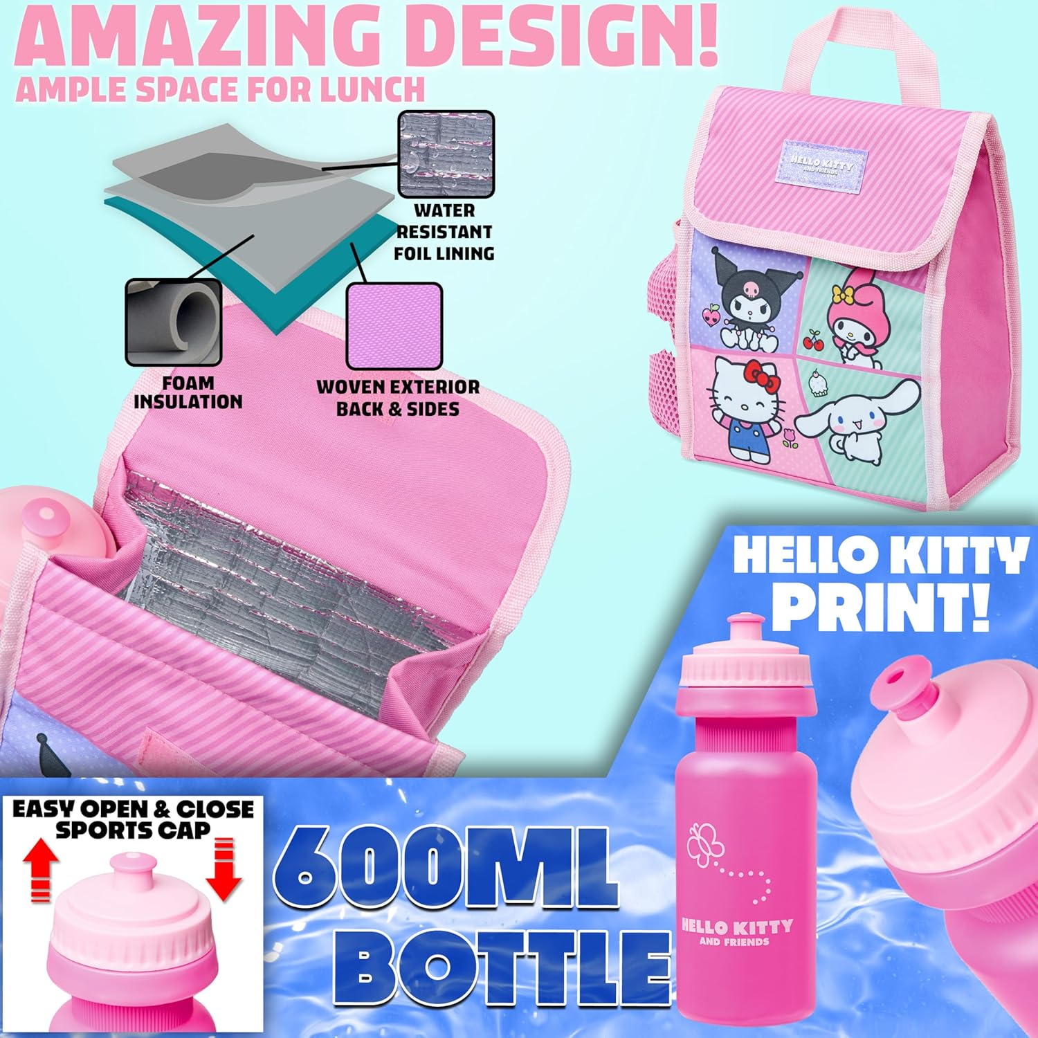 Hello Kitty Sanrio Backpack Set 4 Pcs Girls Water Bottle Pencil Case Insulated Lunch Bag Cinnamoroll Kuromi My Melody Teens Kawaii School Supplies image number 2