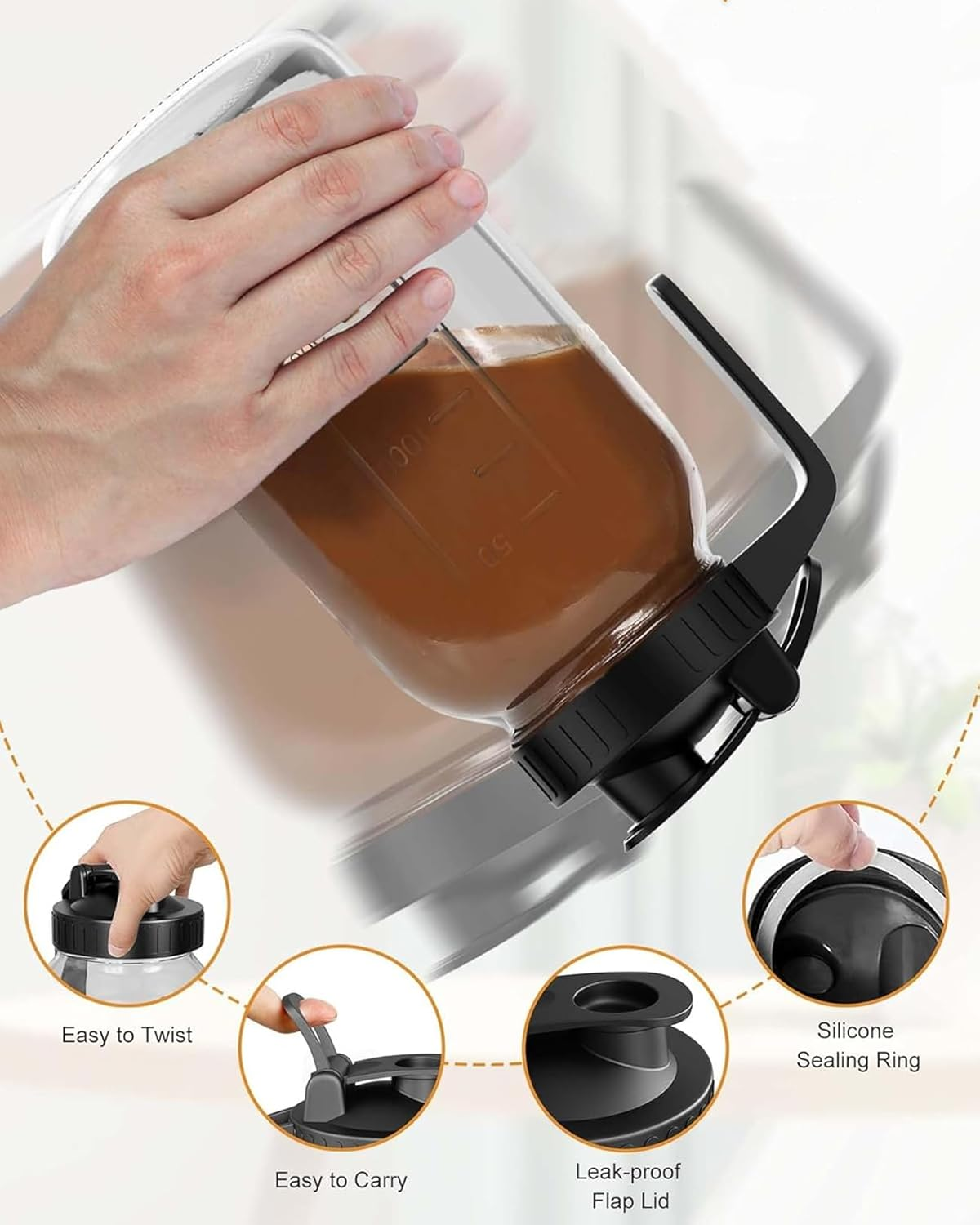 64 Oz/32 Oz Glass Water Bottle with Lid and Spout, Wide Mouth Mason Jar Water Bottle for Iced Tea, Juice, Cold Brew Coffee (Yellow, 32Oz) image number 3