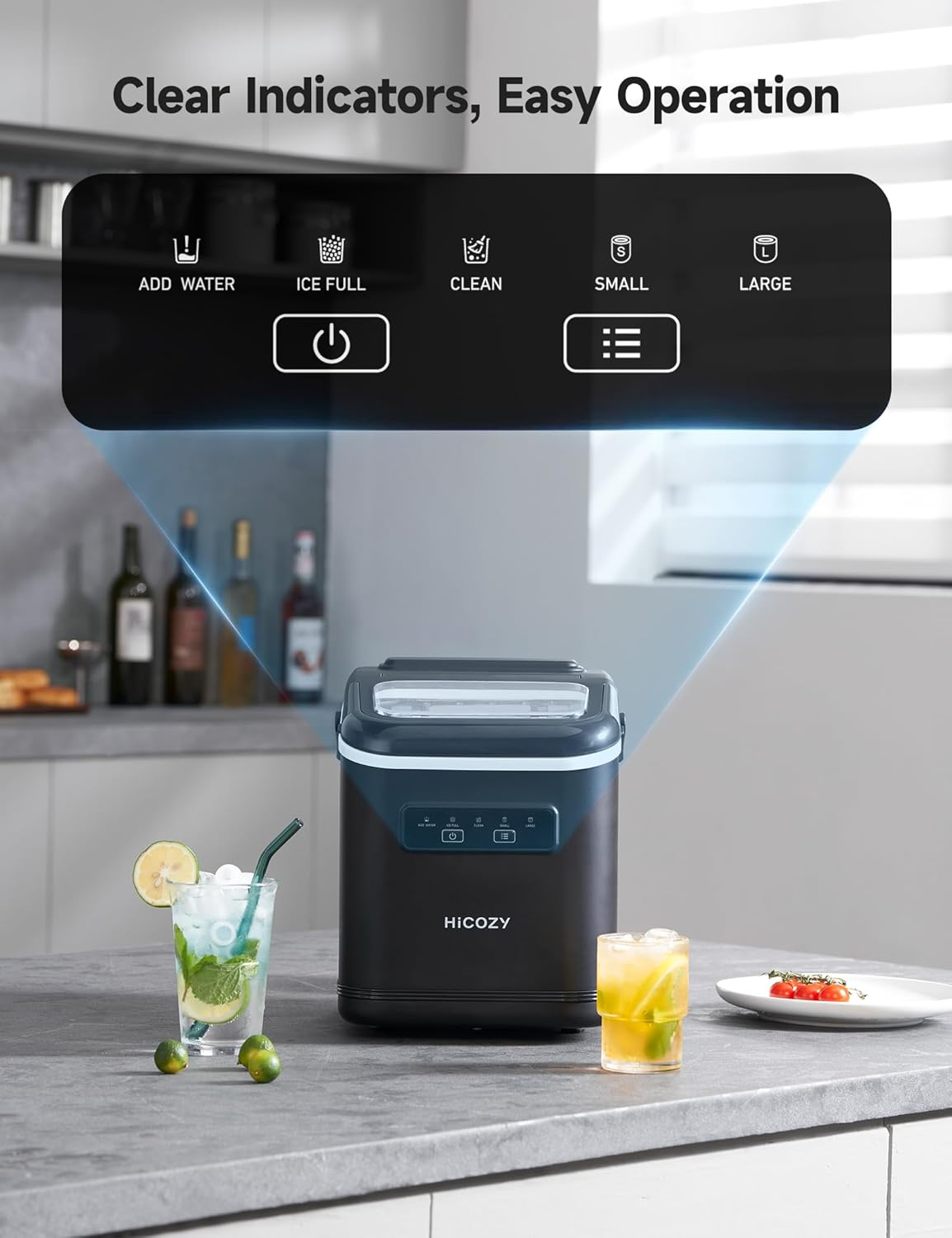 Hicozy Ice Maker, Countertop Ice Machine with Handle, Ice in 6Mins, 12KG in 24Hrs, Portable Ice Maker Machine with Self-Cleaning for Home/Kitchen/Party/Bar (Black) image number 3