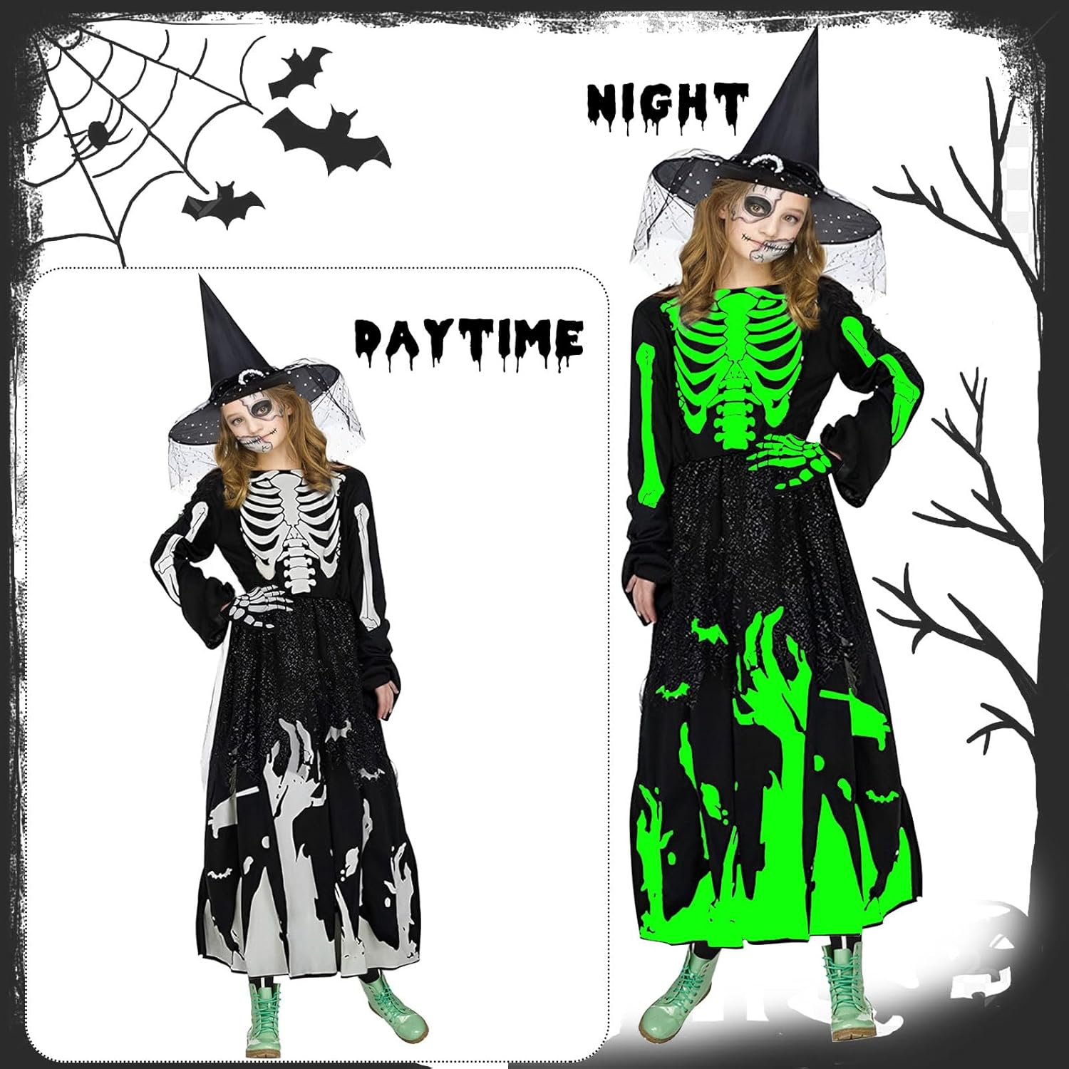 Giugio Witch Costume Girls, Princess Skeleton Costume Children Girls, Halloween Skeleton Costume with Skeleton Gloves and Witch Hat, Witch Costume Vampire Costume Child Witch Costume for Carnival image number 5