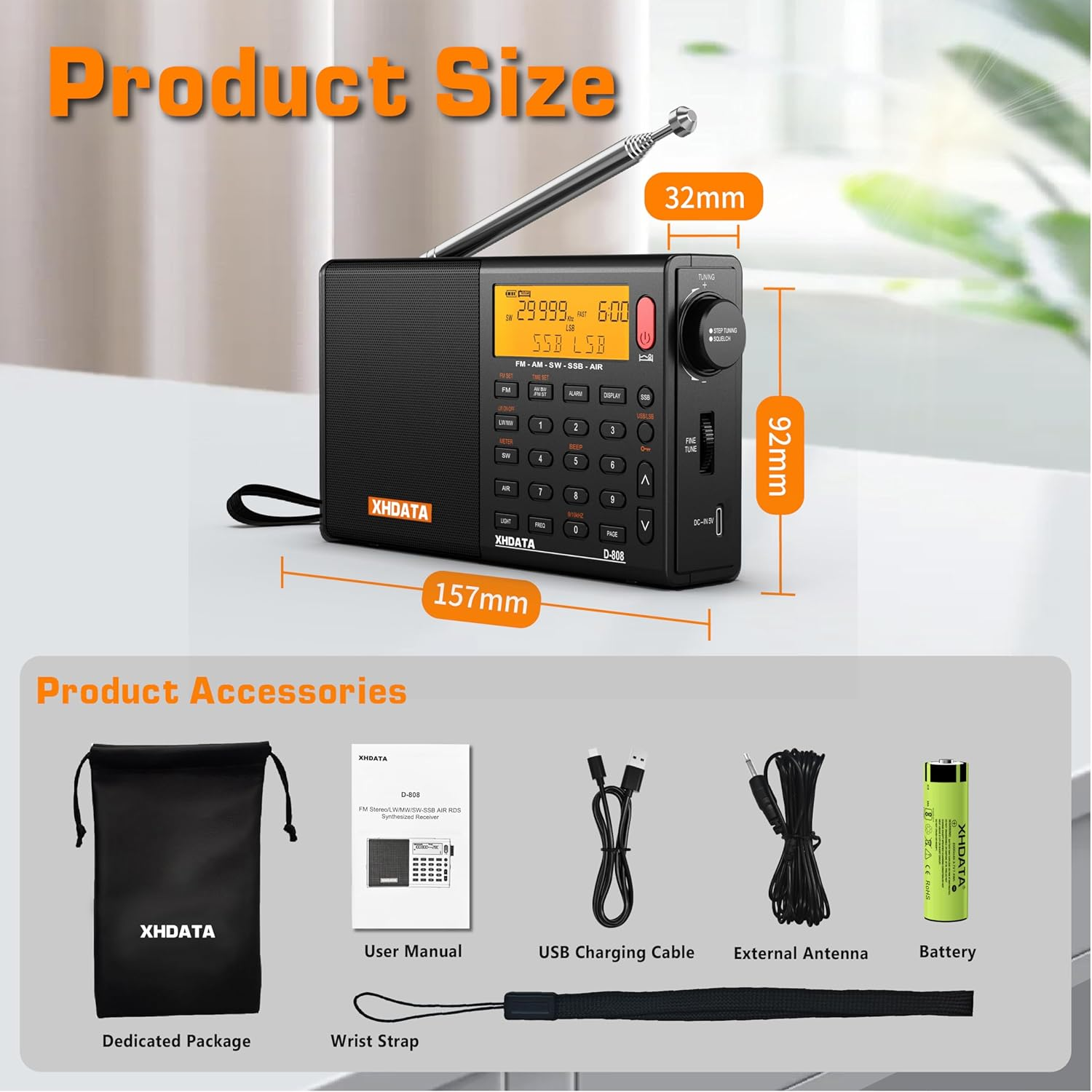 XHDATA D-808 Portable Digital Radio FM SW MW LW SSB RDS DSP Air Band Radio Alarm Clock Receiver with ATS Mode LCD Display and Stereo Sound for Parents Black