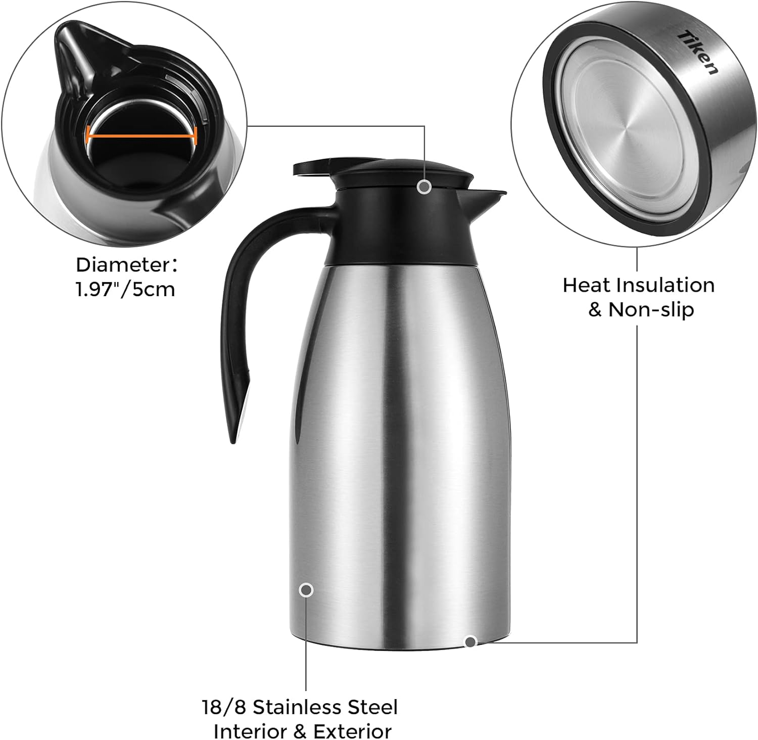 Tiken 68 Oz Thermal Coffee Carafe, Stainless Steel Insulated Vacuum Coffee Carafes for Keeping Hot, 2 Liter Beverage Dispenser (Silver)