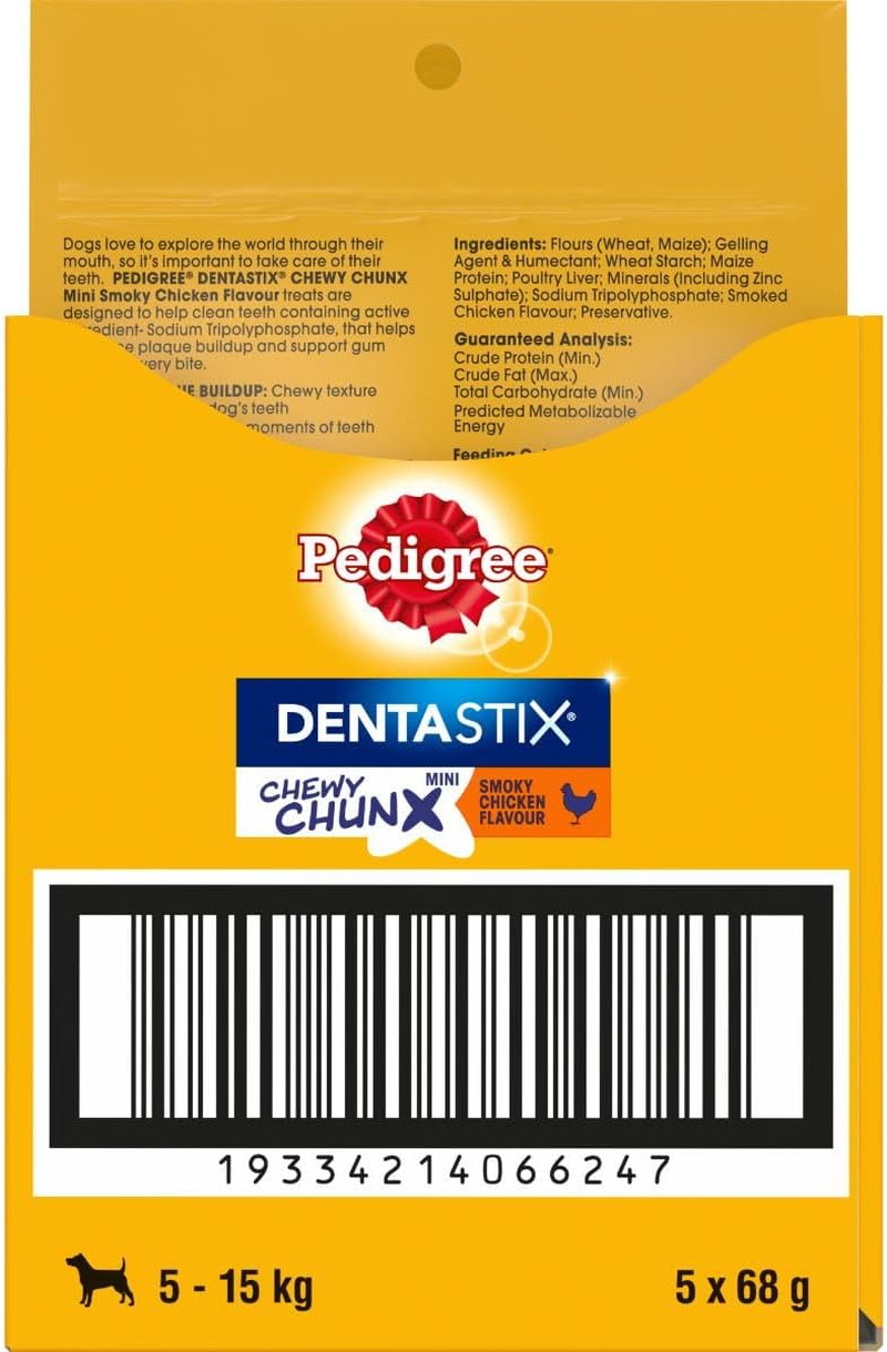 Pedigree Dentastix Chewy Chunx Dog Treats Mini Smoky Chicken Flavour Pouch 68G, 5 Pack image number 3