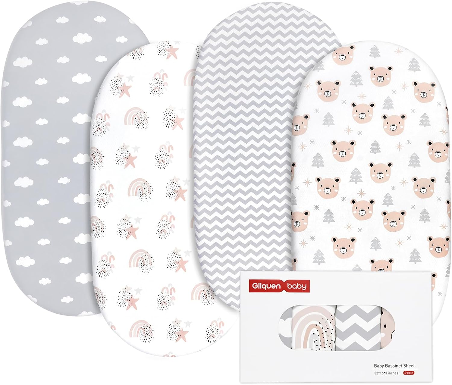 Gllquen Baby Bassinet Sheets 4 Pack, Breathable Cozy Fitted Mattress Sheet, Elastic Travel Crib Fashionable Floral Pattern, Standard Cradle Safe Sheets for Baby Boy Girls 32"X16"(Rainbow) - Deer  Rose image number 6