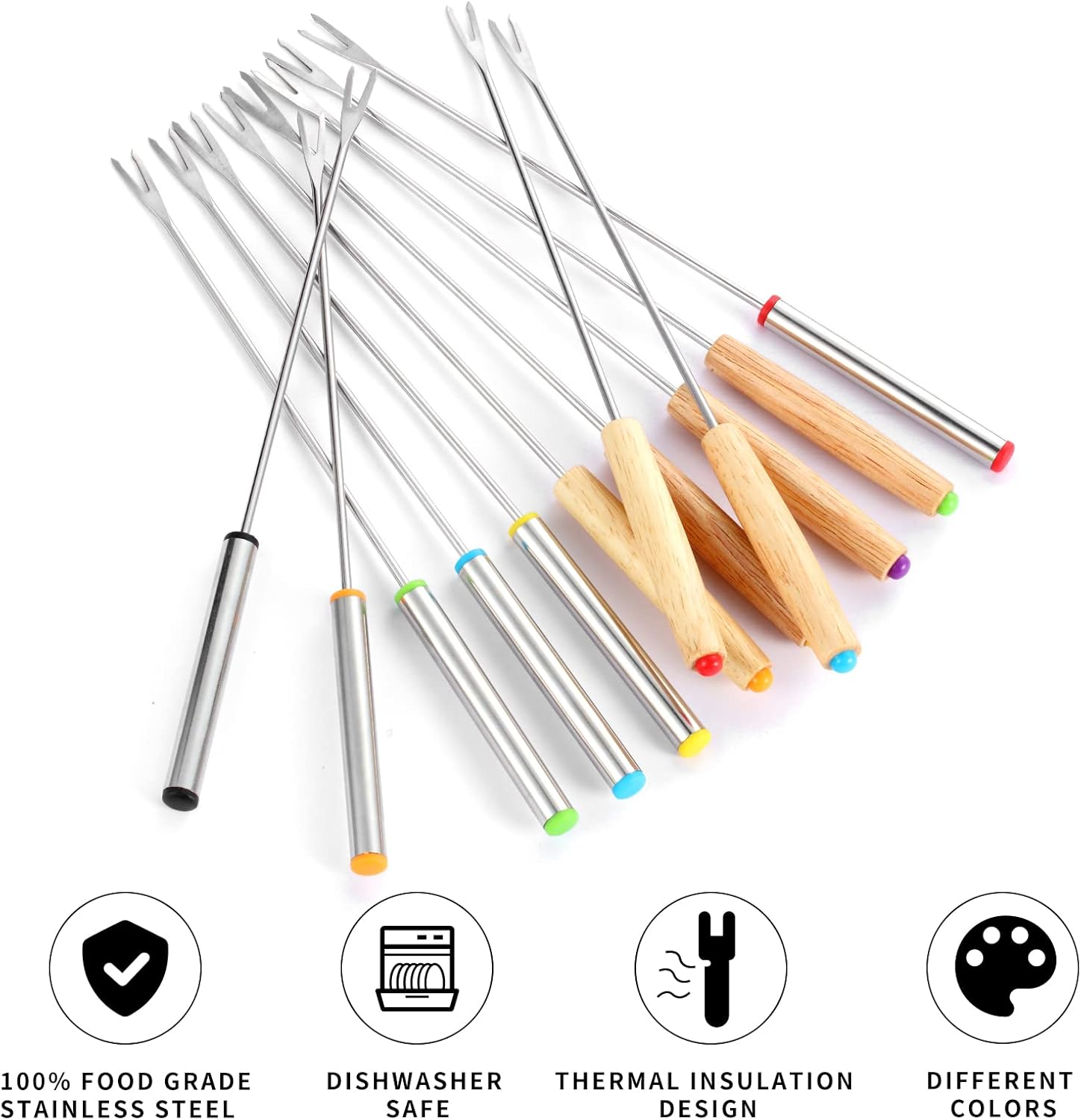 24 Pack 9.6 Inch Stainless Steel Fondue Forks, 12 Wood Handles and 12 Stainless Steel Handles, Heat Resistant Smores Sticks for Roast Meat Chocolate Dessert Cheese Marshmallows (6 Colors) image number 4