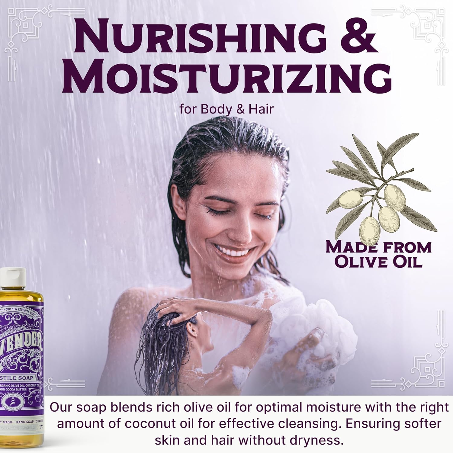 Carolina Lavender Castile Soap Liquid &ndash; 946 Ml - Skin-Softening Olive Oil Soap Organic Body Wash &ndash; Pure Castile Soap Lavender Liquid Soap &ndash; Vegan Castille Soap Liquid (Lavender, 32 Ounces) image number 1