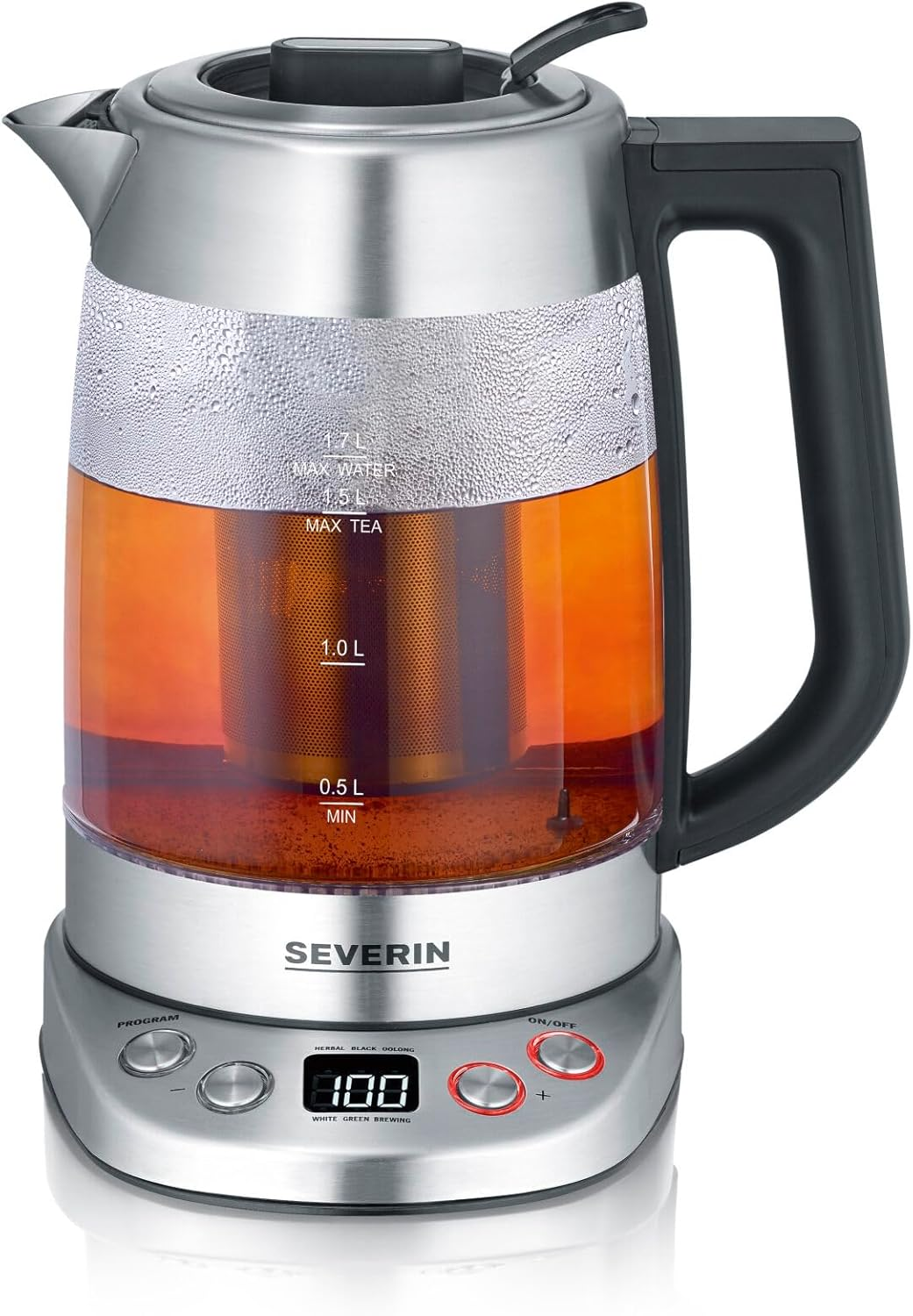 SEVERIN - Deluxe Glass Teapot and Kettle with Capacity: 1.7 Liters of Water, 1.5 Liters of Tea, 3000 W Stainless Steel/Glass WK 3480
