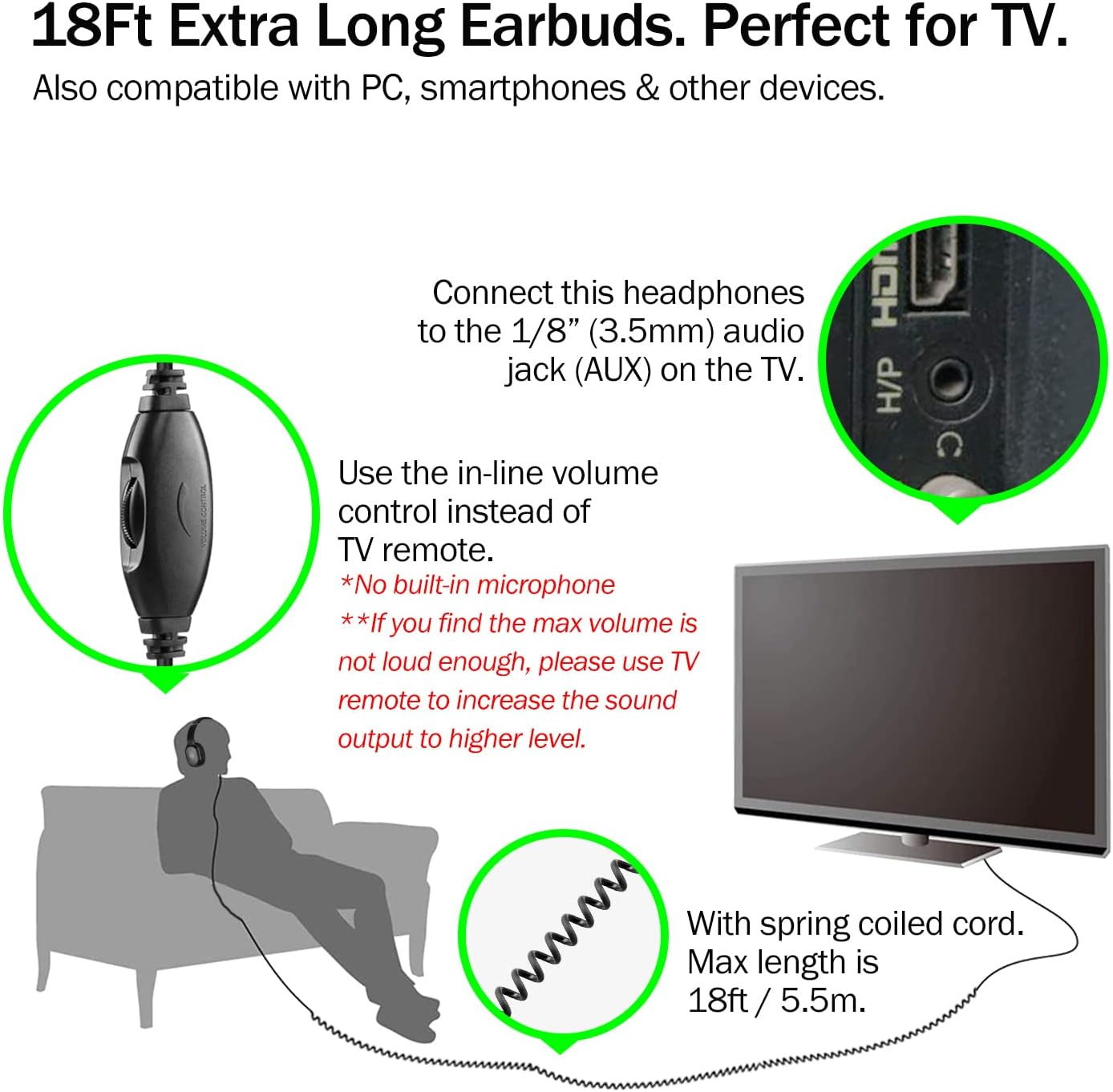 Extra Long Cord Headphones for TV & PC with Volume Control, 18 Feet / 5.5M Extension Spring Coiled Cord, Universal 3.5Mm AUX Audio, Wired over Ear Stereo Headset, CGS-W6 image number 3