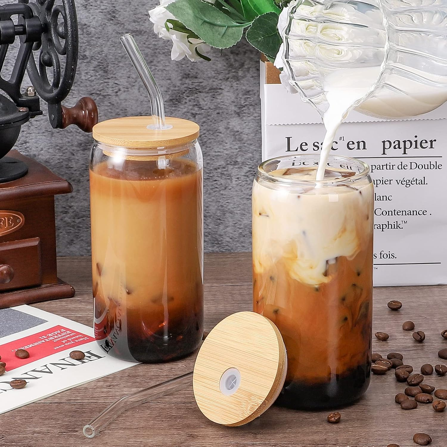 Drinking Glasses with Bamboo Lids and Glass Straw - 8Set 500Ml Can Shaped Glass Cups for Beer, Ice Coffee, Cute Tumbler Cup Great for Soda Boba Tea Cocktail Include Cleaning Brushes image number 4