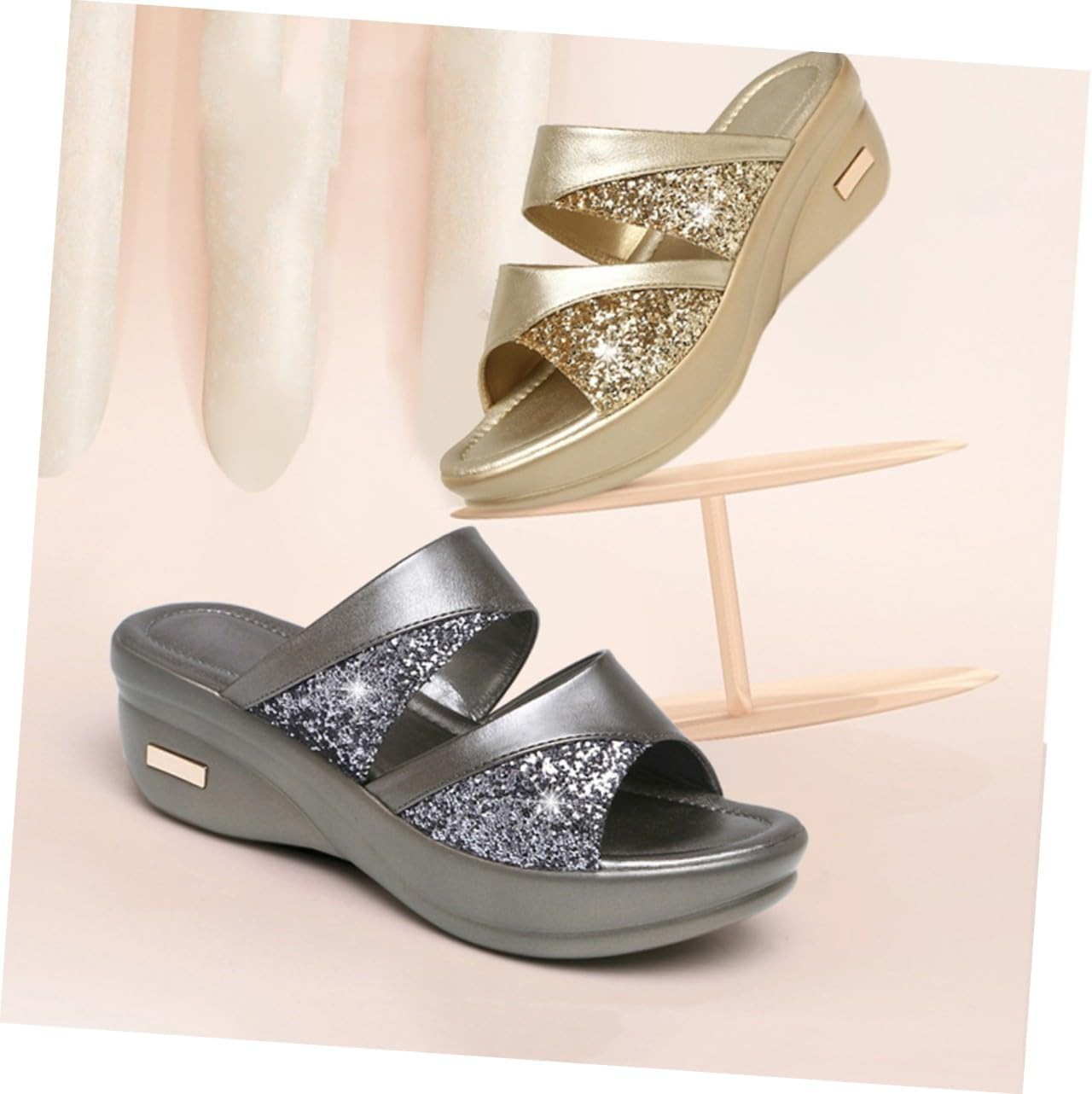 Minkissy Thick Wedge Sole Women Slippers Summer Casual Fish Mouth Sandals for Outdoor Beach Wear Stylish Grey Mom Shoes with Easy - Golden image number 7