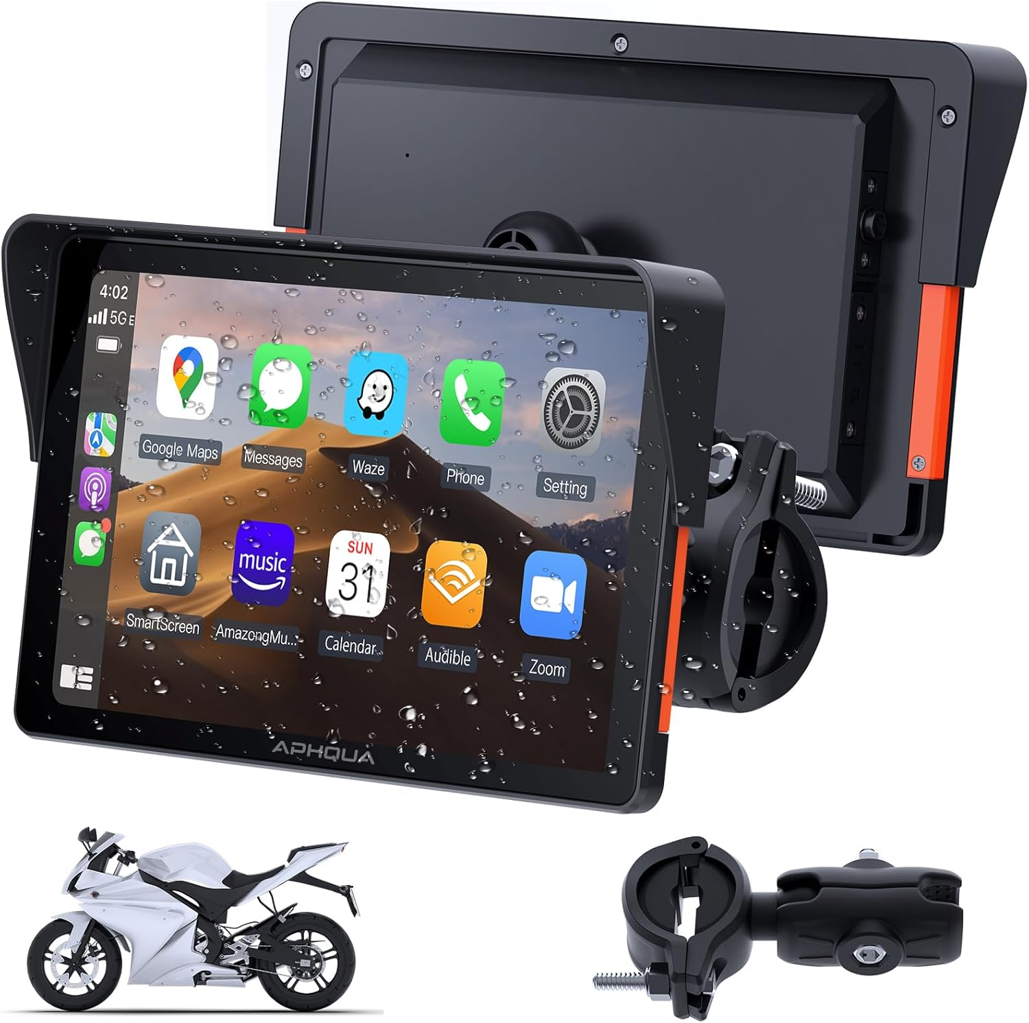 APHQUA Motocycle Carplay-7-Inch Motorcycle GPS Navigation System with Apple Carplay & Android Auto, Waterproof Touchscreen, Bluetooth, IP67 Waterproof for Motorbike, Support Siri & Google Assistant