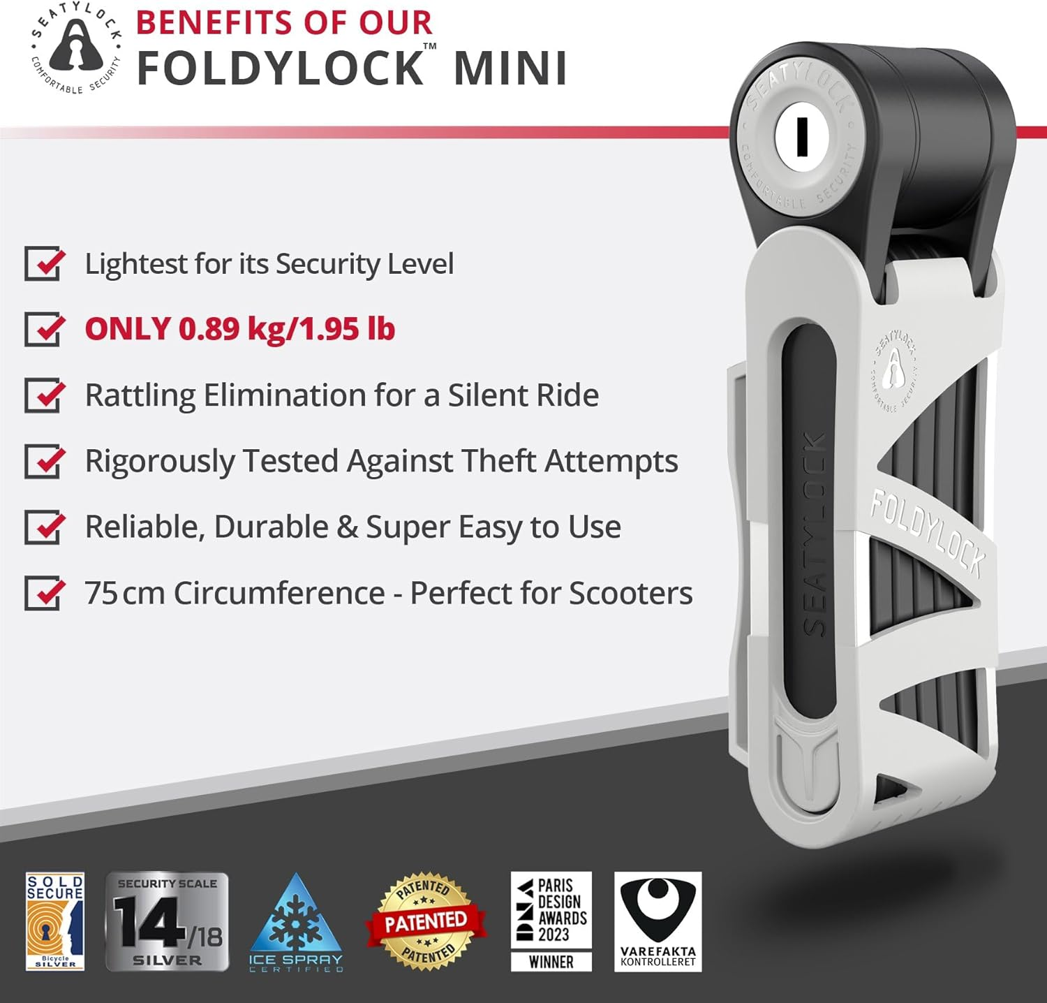 Seatylock Foldylock Mini Folding Bike Lock - Patented Lightweight Bicycle Lock - Heavy Duty anti Theft Guard with Key for Electric Scooter & City Bikes - 29.5"