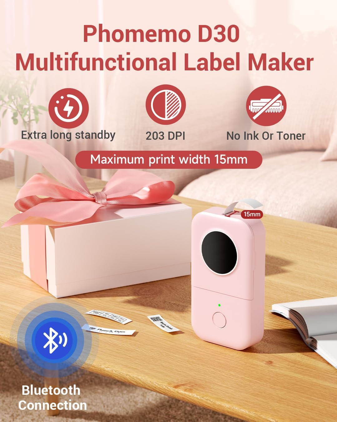 Label Printer-Phomemo D30 Portable Thermal Label Maker Bluetooth Labelling Machine Sticker Printer for Home Kitchen School Office Store, Pink image number 3